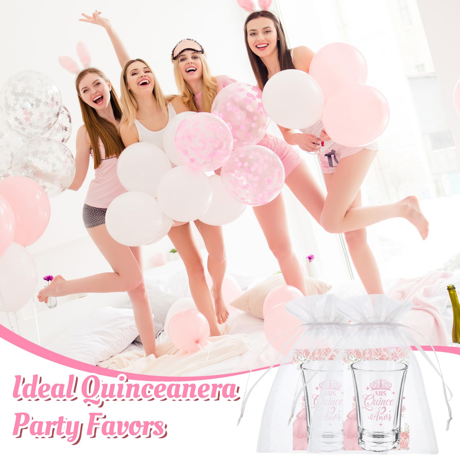 IANFEPH 50 Sets Quinceanera Party Favors for Guests Quinceanera Clear Acrylic Shot Glasses Thank You Cards Organza Bags Mis Quince Anos Sweet 15 Birthday Party Gift for Thanksgiving Christmas Supplies