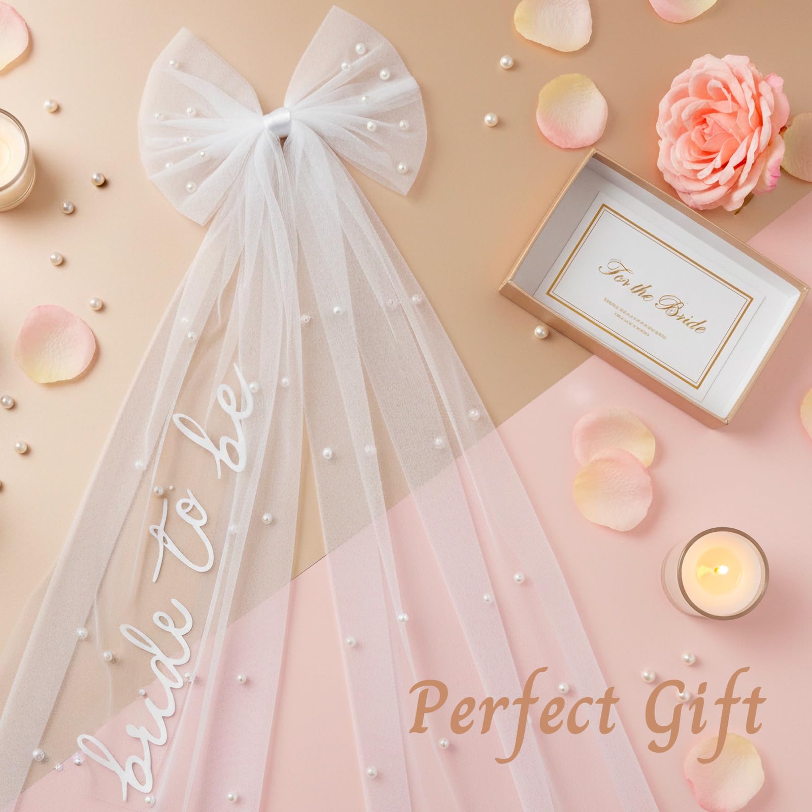 Bride to Be Bow Veil with Pearls, TWPER White Bridal Hair Bow Clip with Veil for Bachelorette Party, Bridal Shower, Wedding Morning, Engagement Photo Accessory