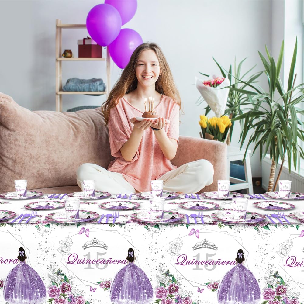 AIBIIN 194pcs Quinceanera Decorations 15th Birthday Decorations Party Plates, Cup, Napkin, Tablecloth, Tableware, Purple Disposable Quinceanera Birthday Party Supplies Plates Serve 24 Guests