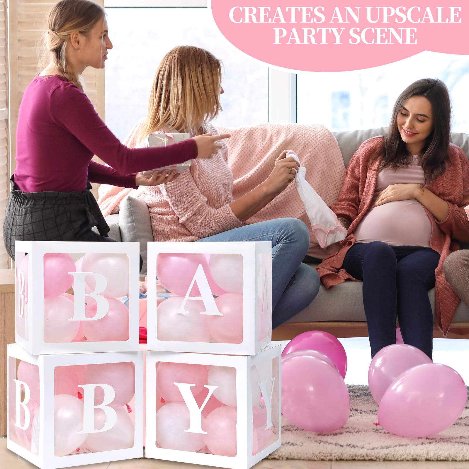 RUBFAC Baby Boxes for Baby Shower Decoration with 8 Letters and 36 Balloons 4pcs Clear Balloon Boxes BABY Blocks for Girls Birthday Party Decorations(Pink)