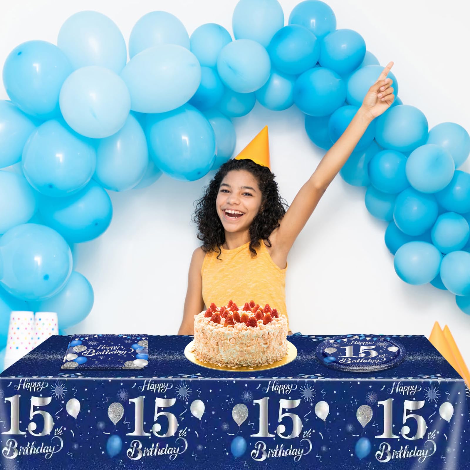 41Pcs 15th Birthday Decorations for Boys Men,Blue Silver Birthday Plates and Napkins,Tablecloth Kit,Disposable Official Teen 15 Tableware Set for Teen Boys I’m 15 Bro Years Old Party Supplies