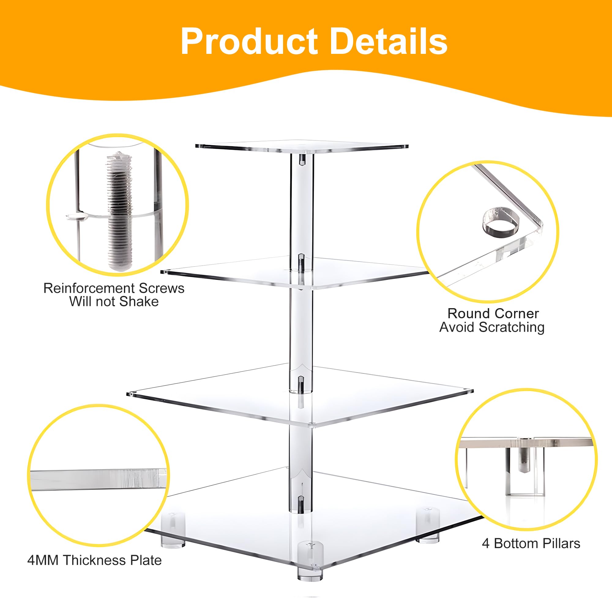 YestBuy Cupcake Stand with Yellow LED Lights, 4 Tier Cupcake Stand for 50 Cupcakes, Acrylic Cupcake Tower Stand, Clear Tiered Cupcake Holder for Birthday Candy Bar Décor Weddings, Parties Events