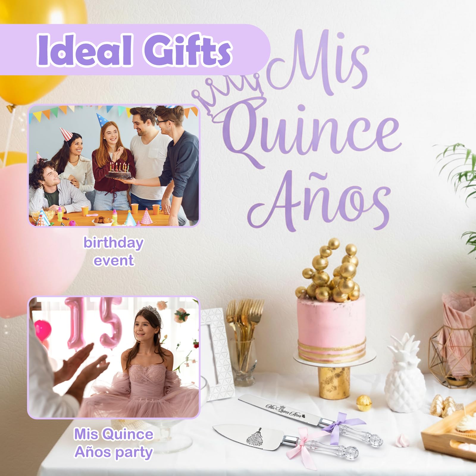CQNET Mis Quince Años Quinceanera Cake Knife and Server Set - Sweet 15 Birthday Gifts for Girls, Feliz 15 Anos Party Decorations & Keepsake, Stainless Steel Cutting Set with Crystal Handles, Silver
