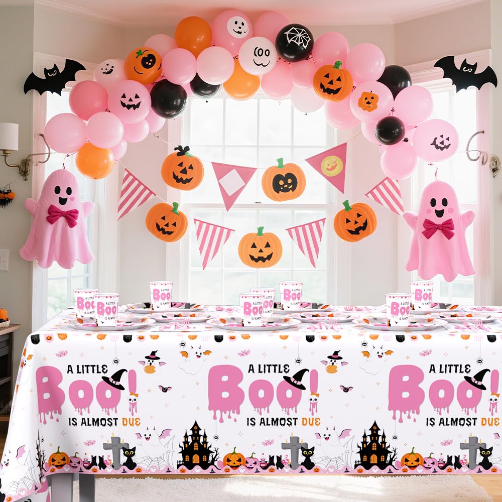 AIBIIN 194Pcs Halloween Baby Shower Decorations for Girl A Little Boo is Almost Due Baby Shower Party Plates, Cup, Napkin, Tablecloth, Tableware, Halloween Themed Party Supplies Plates Serve 24 Guests