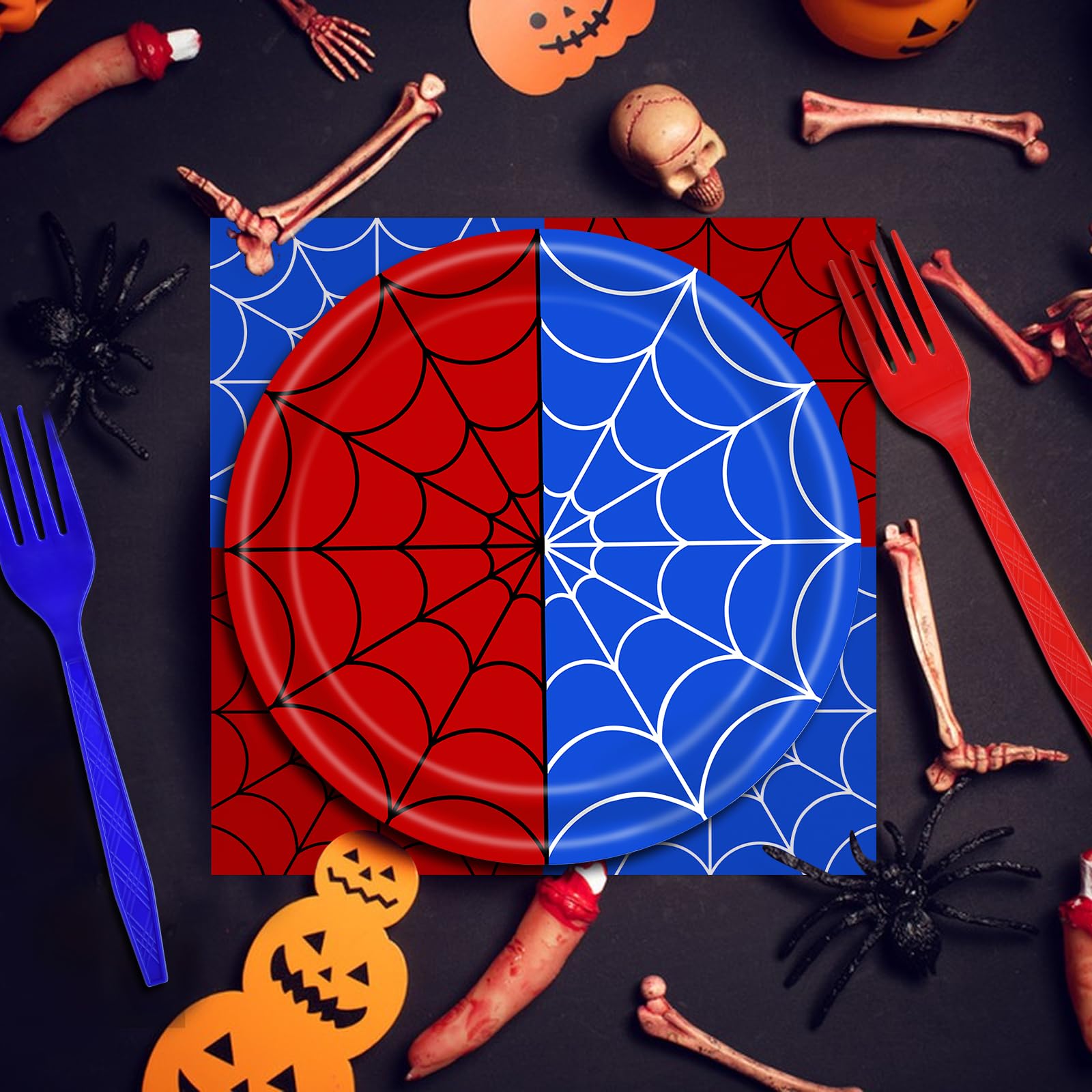 100 Pieces Halloween Spider Web Party Tableware Set – Red Blue Web Plates, Napkins and Forks, Disposable Dinnerware for Boys Birthday and Halloween Party Supplies