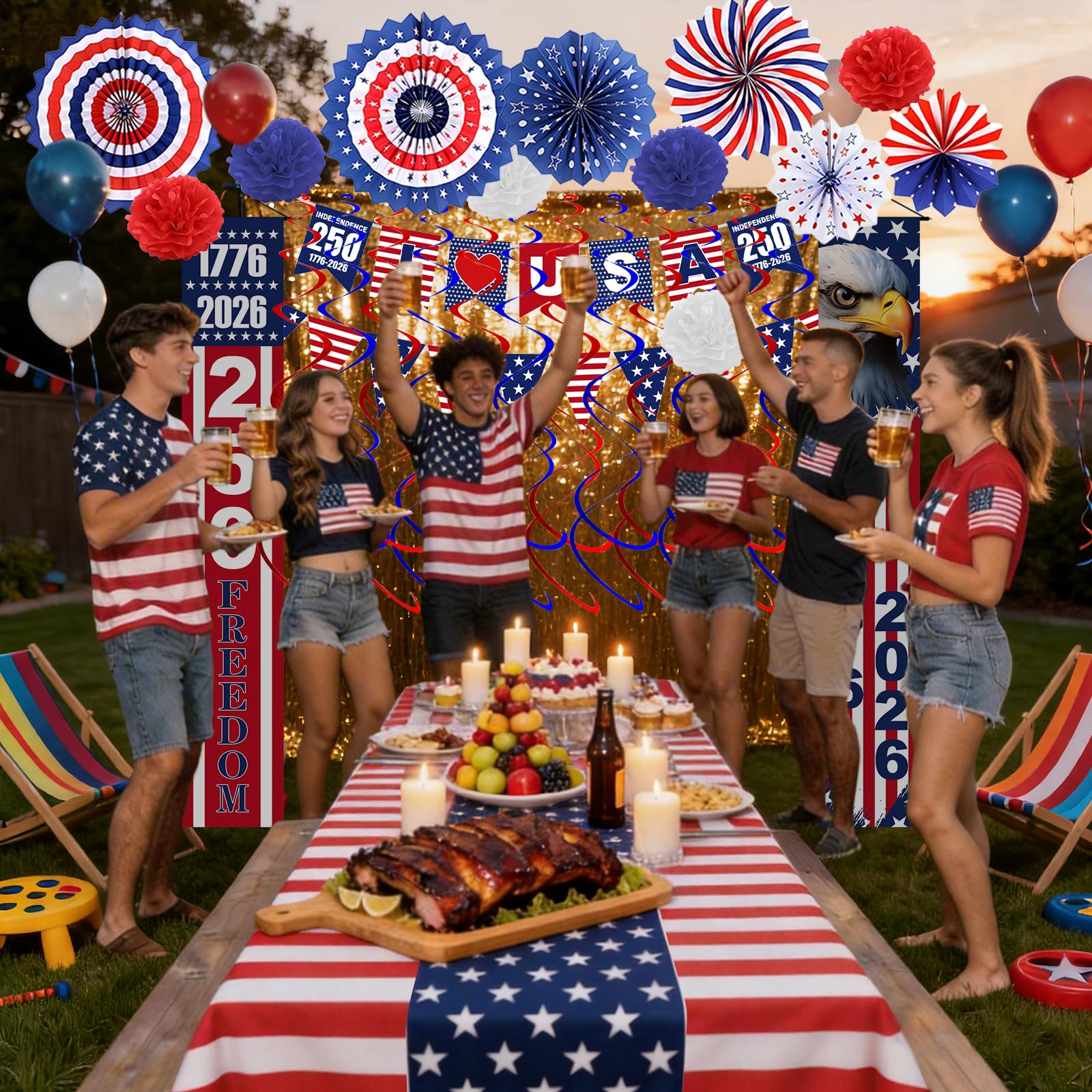 250th Anniversary Party 4th of july Decorations Set, 29 PCS Red White Blue Patriotic Decor with Paper Fans, Pom Poms, Tablecloth, Hanging Swirls and Door Banners