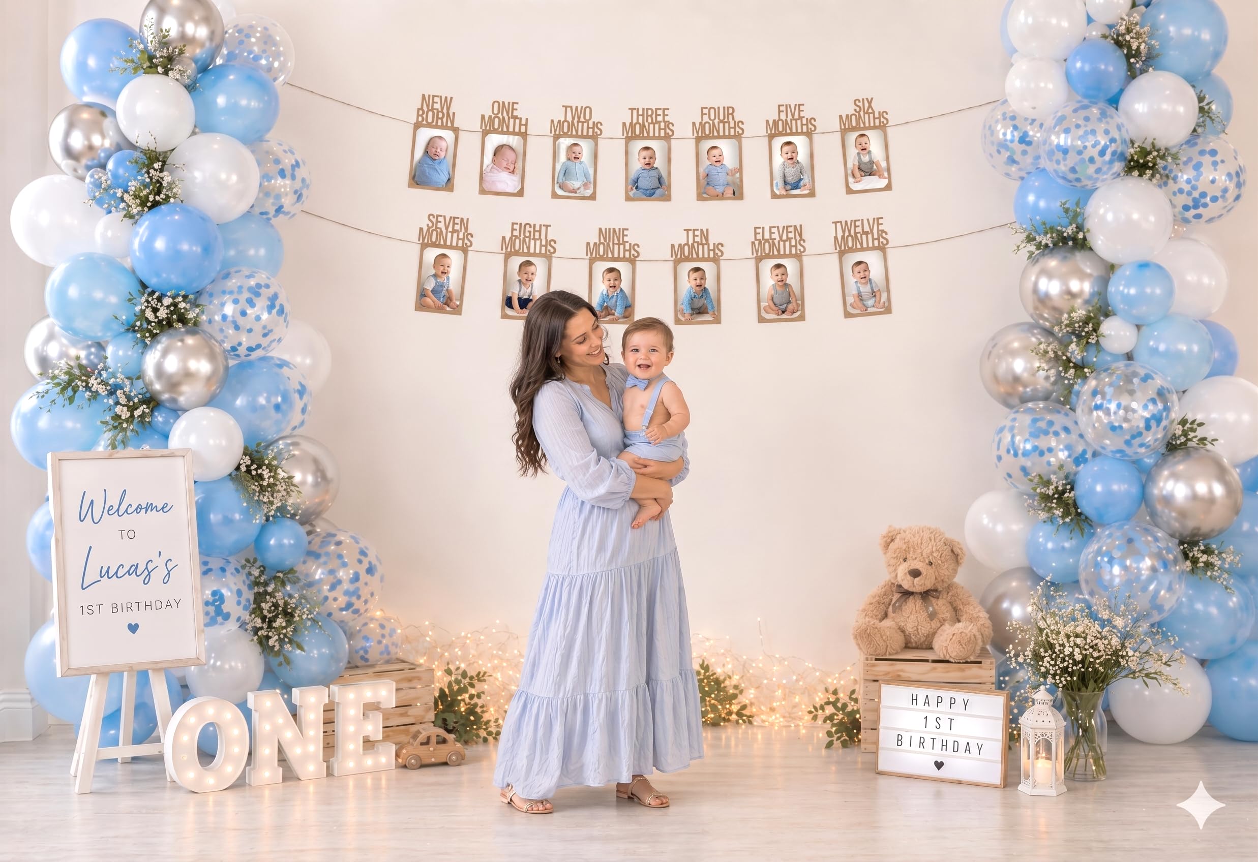 PartyHooman 1st Birthday Photo Banner for Baby from Newborn to 12 Months, First Birthday Decorations Boy or Girl Monthly Milestones Garland | 1 Year Old Photo Banner Pre-strung with Frame (Kraft)