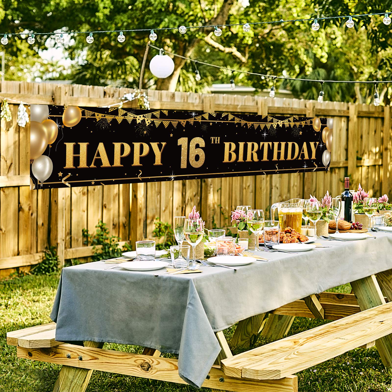 Large Happy 15th Birthday Decoration Banner, Black and Gold Happy 15th Birthday Banner Sign, 15th Birthday Party Decorations Supplies(9.8x1.6ft)