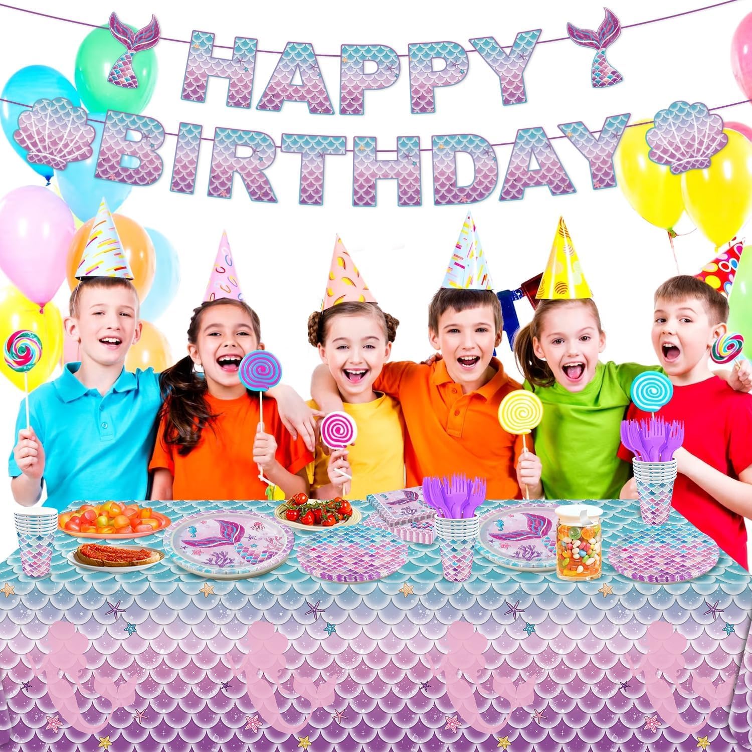 122Pcs Mermaid Birthday Party Decorations Set Mermaid Party Supplies Includes Plates, Napkin, Fork, Cup, Tablecloth, Banner for Ocean Birthday Party Decorations, Serves 24