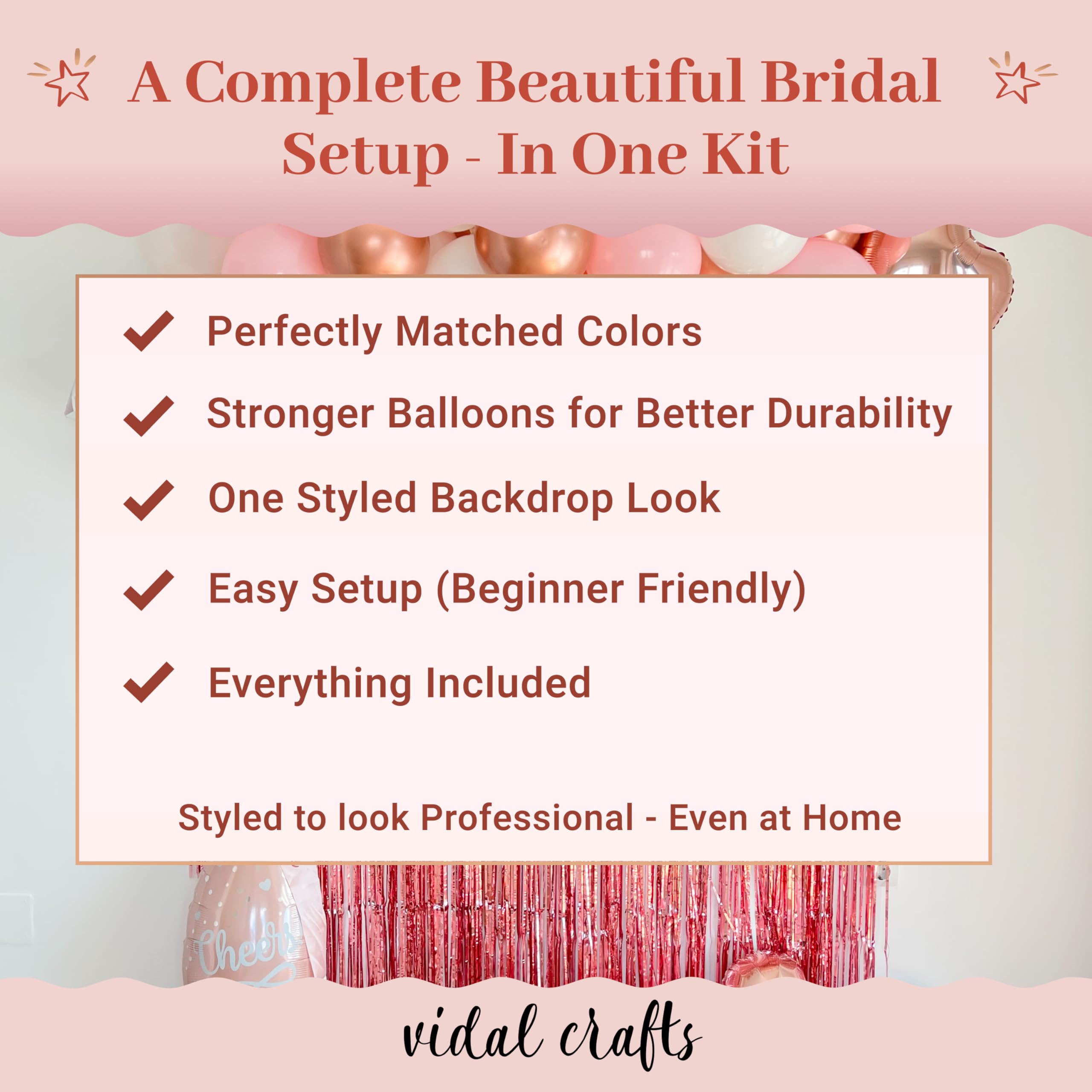 VIDAL CRAFTS Rose Gold Bridal Shower Decorations, 62-Piece Pink Bachelorette Party Decorations with Bride to Be Banner, Confetti Balloons, Bride Sash, Veil, Fringe Curtain & Photo Props