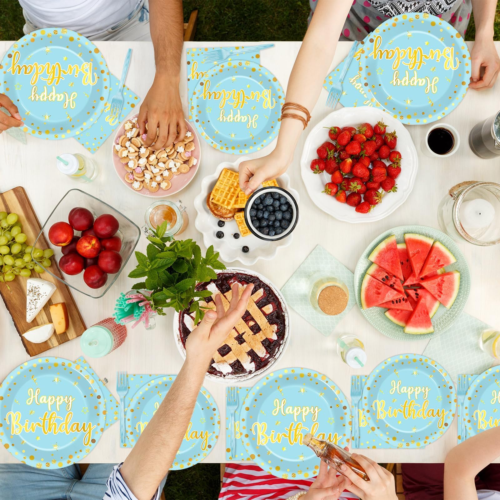 CHUNNIN 96PCS Blue Happy Birthday Plates and Napkins Happy Birthday Party Decorations Light Blue and Gold Dessert Plates Tableware for 24 Guests Kids Party Supplies