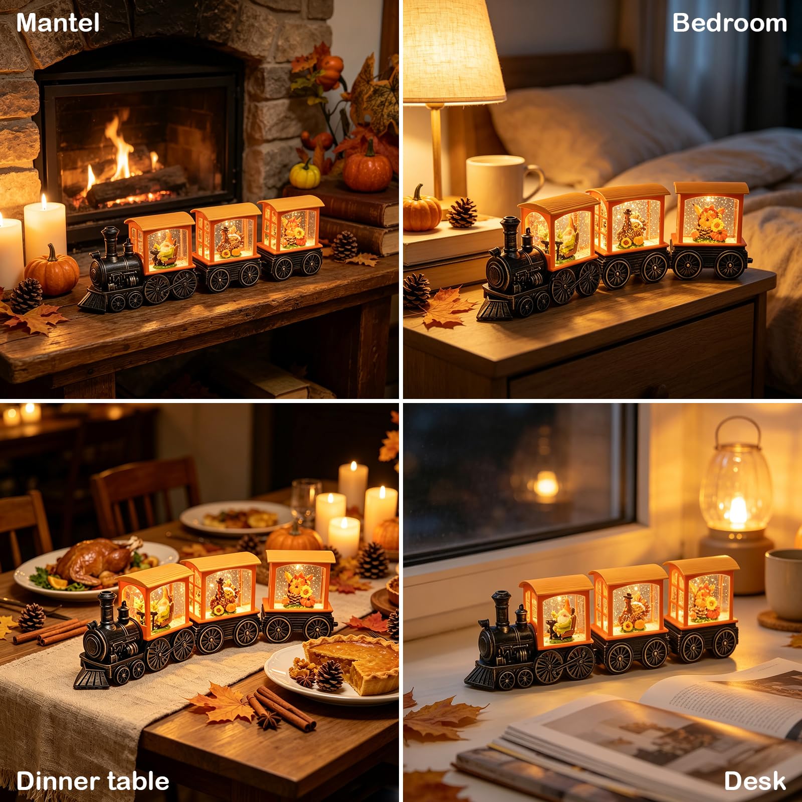 Gorrzai Fall Snow Globe Lantern Fall Decorations for Home, Lighted Fall Decor with Pumpkin Turkey Gnome Train, 6H Timer Thanksgiving Swirling Glitter Snow Globe for Harvest Day, Battery Operated