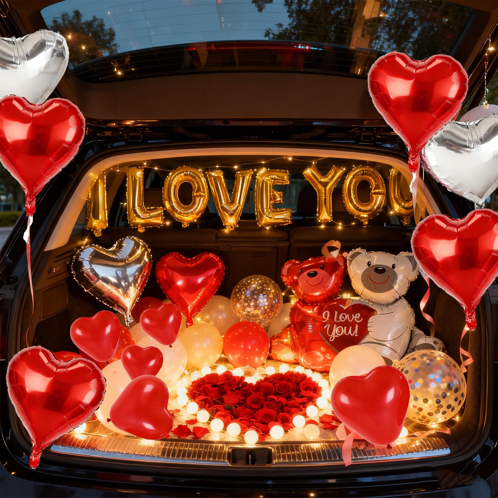 54pcs I Love You Heart Balloons Valentines Decoration with 50 Hanging 1000 Silk Rose Petal Bear Heart Shaped Silver Red Balloons for Romantic Night Wedding Anniversary Decor Valentines Party