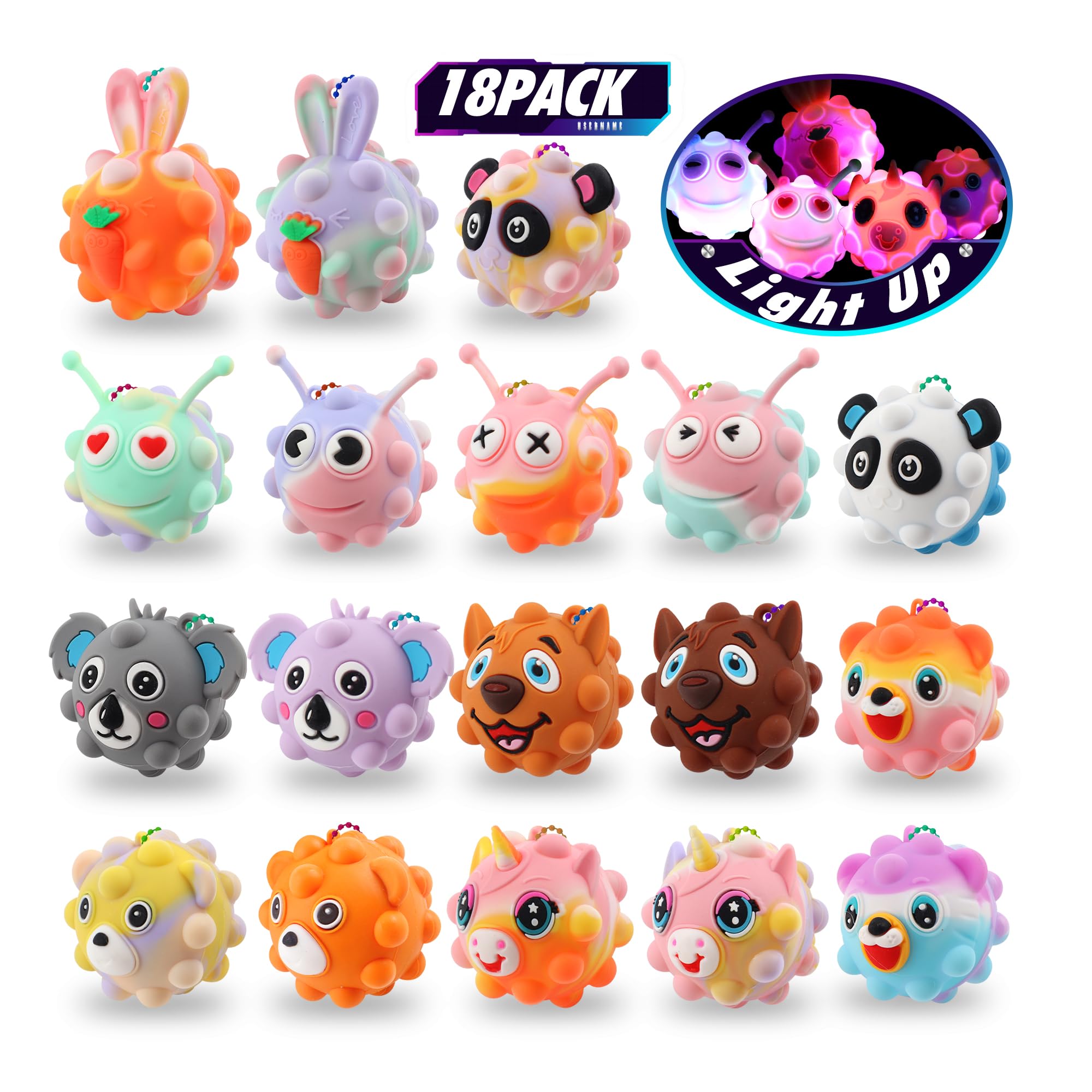 18 Pack Light Up Animal Pop Balls, Party Favors for Kids, Goodie Bag Stuffers, Treasure Box Prizes, Halloween Non-Candy Treats for Kids, Stocking Stuffers, Pinata Stuffers, Classroom Prizes
