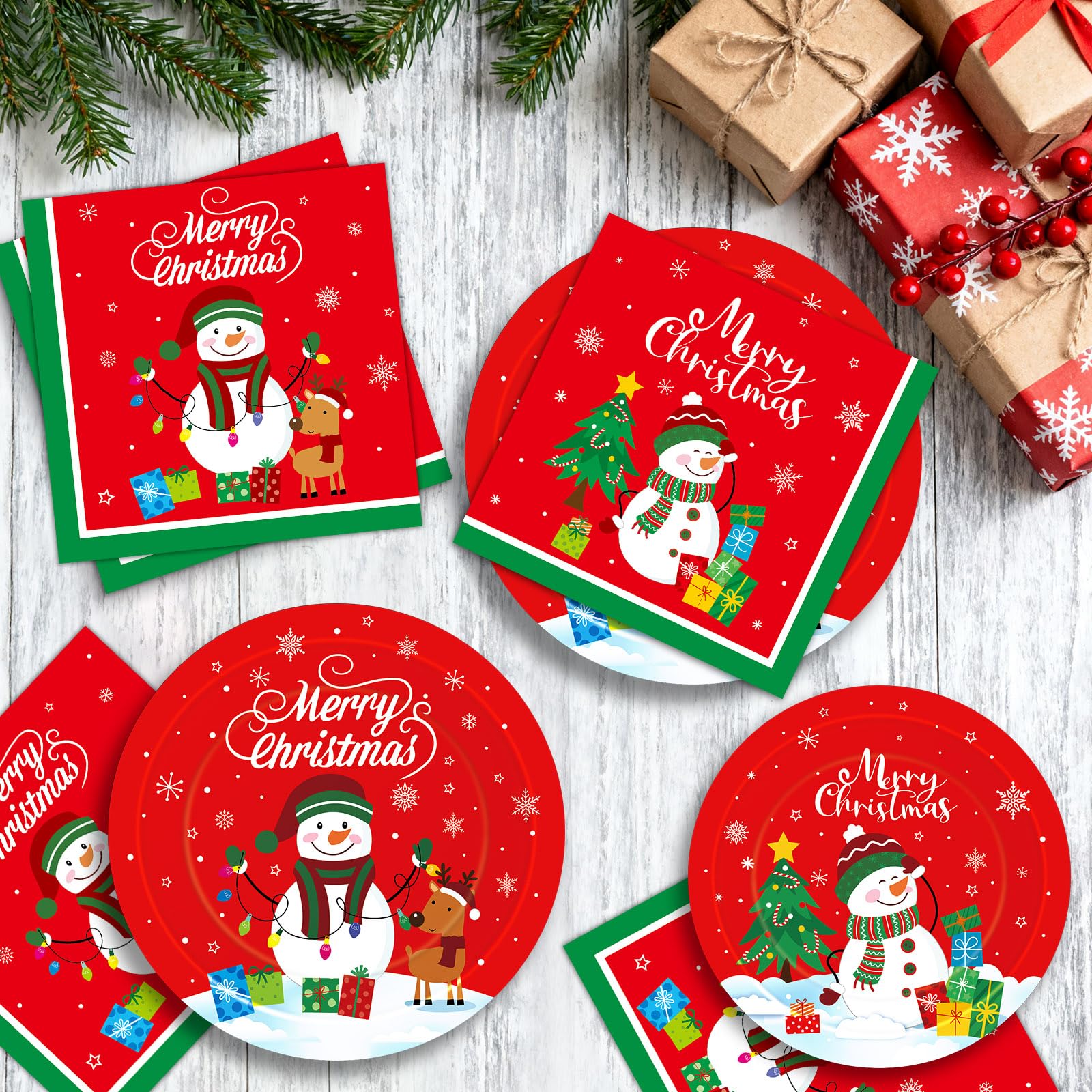 150 Pcs Merry Christmas Plates and Napkins Set - Xmas Paper Plates and Napkins, Snowman Dinner Dessert Plate Napkin Tableware Kit for Winter Christmas Party Supplies Table Decorations, Serve 50