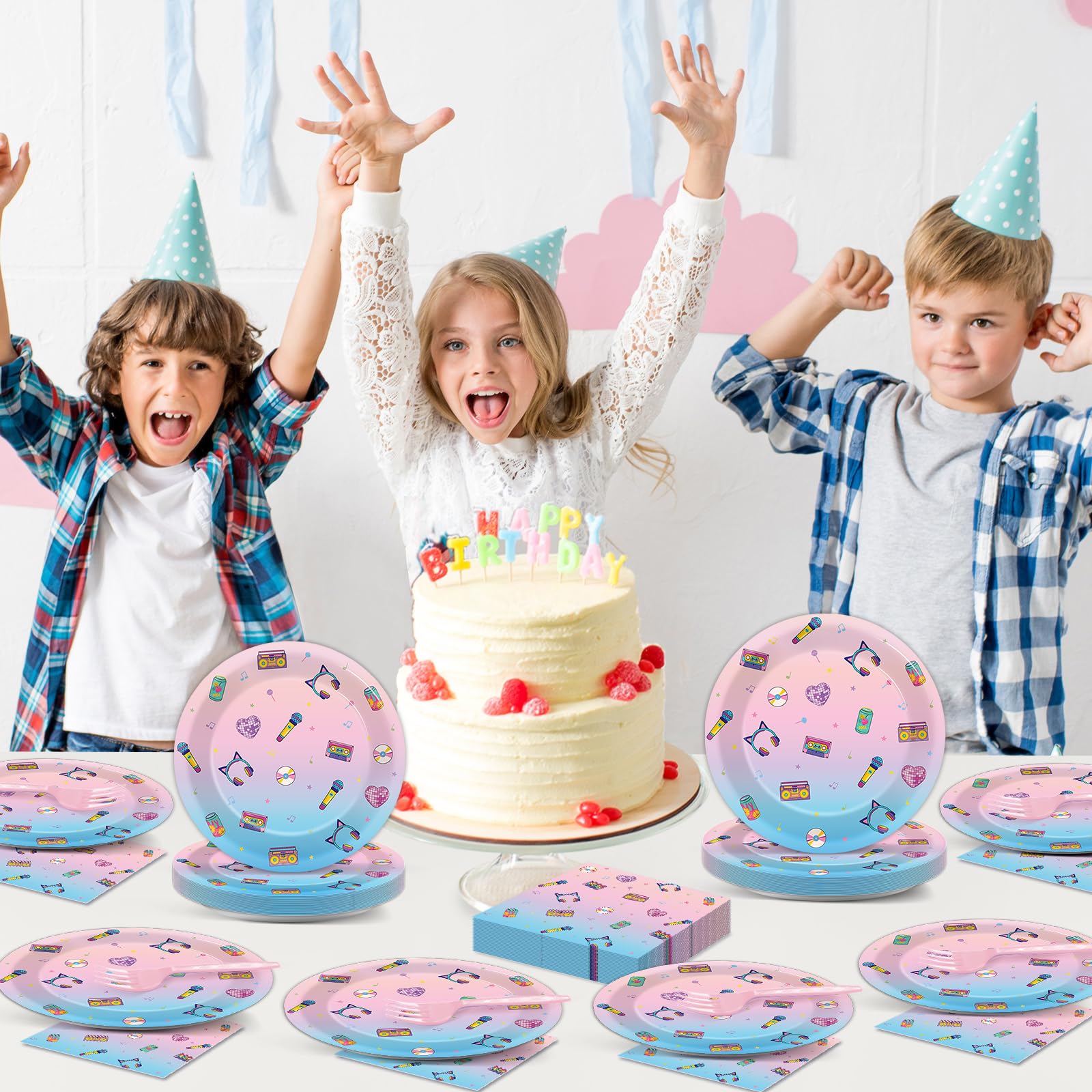 96pcs Kpop Paper Plates and Napkins Music Theme Birthday Party Supplies Popular Singer Disposable Dinnerware Tableware Set for Boys Girls Birthday Kpop Music Fans Party Decoration Serve 24