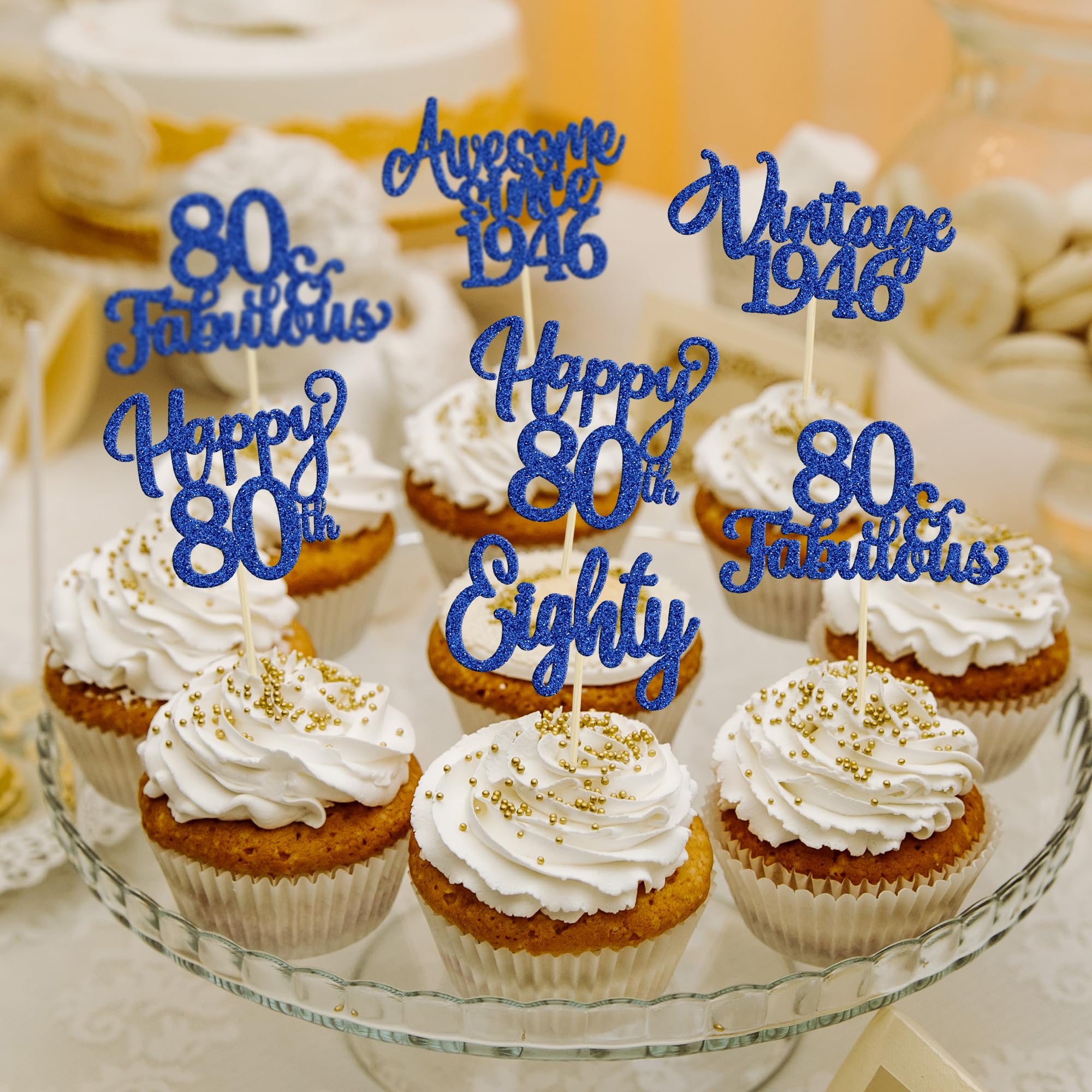Ephlyn 30Pcs Happy 80th Birthday Cupcake Toppers Glitter Eighty 80 Fabulous Vintage 1946 Cupcake Picks for 80th Birthday Anniversary Retirement Party Cake Decorations Supplies Dark Blue
