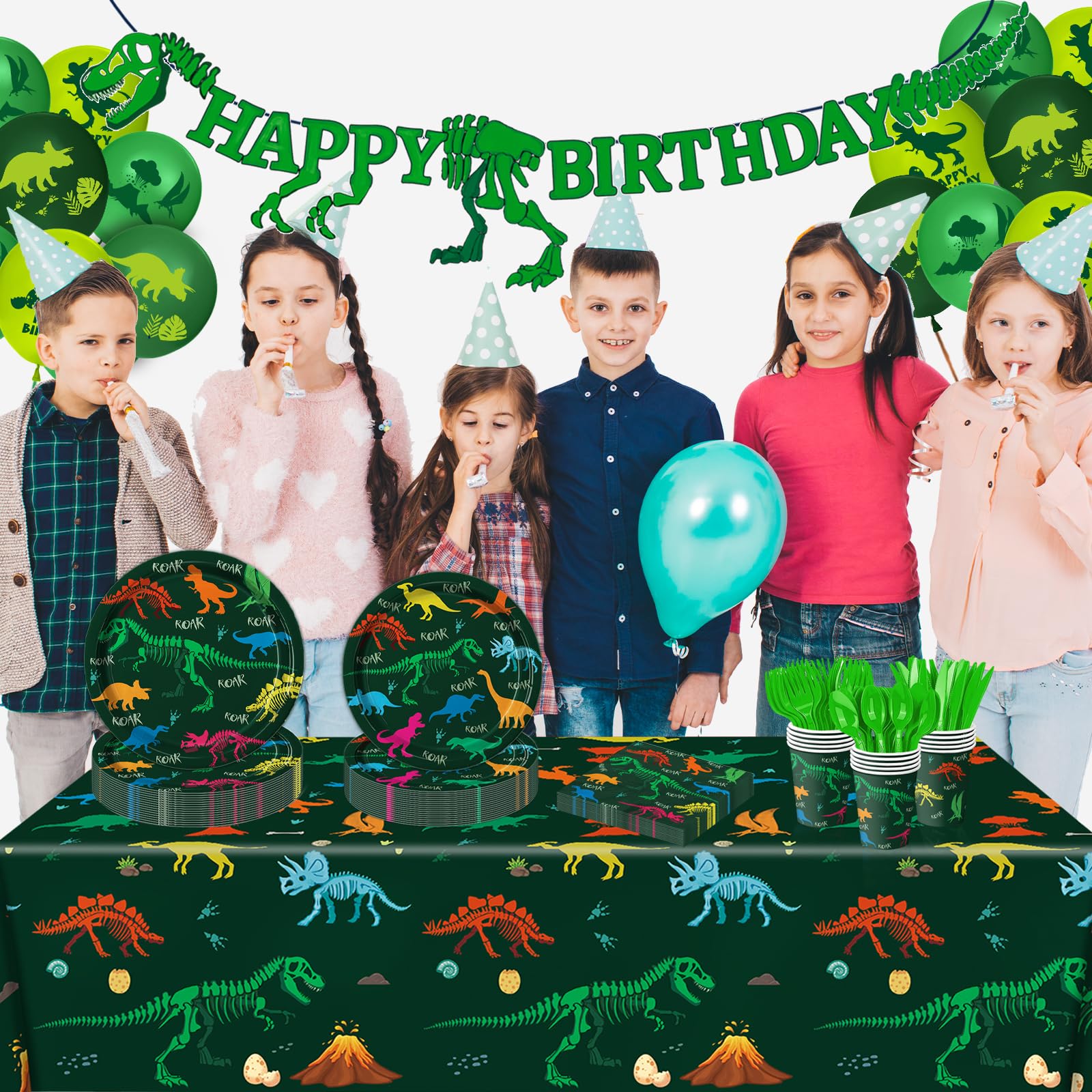 166 PCS Dinosaur Birthday Decorations, Dinosaur Party Supplies Includes Plates, Cups, Napkins, Cutlery, Banner, Tablecloth, Balloons for Dino Party Decorations, Serves 20