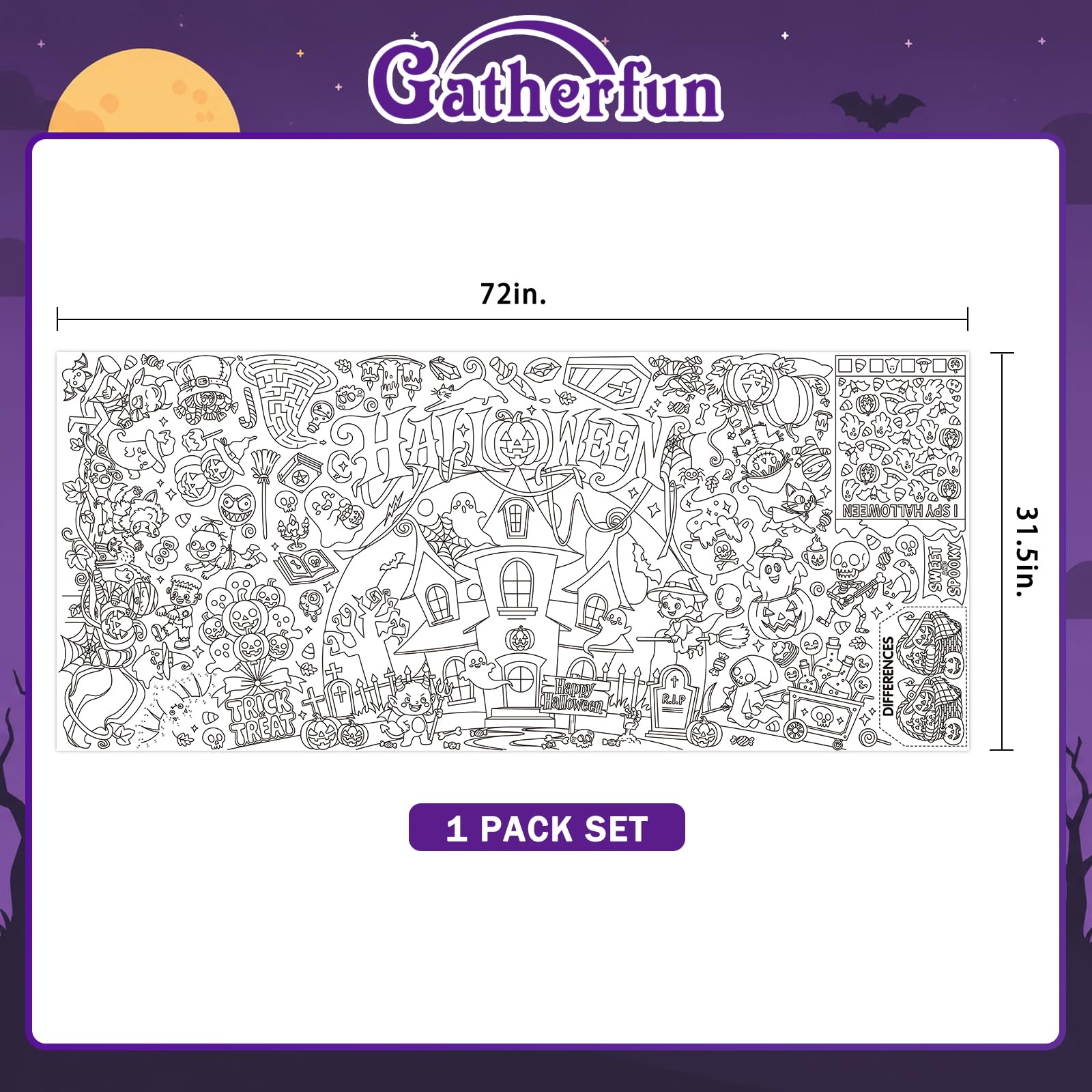Halloween Activity Poster, 31.5 x 72 Inch Halloween Craft Paper Coloring Banner, Halloween Tablecloth for Kids, Halloween Decorations for School Party, Classroom Activities and Special Events