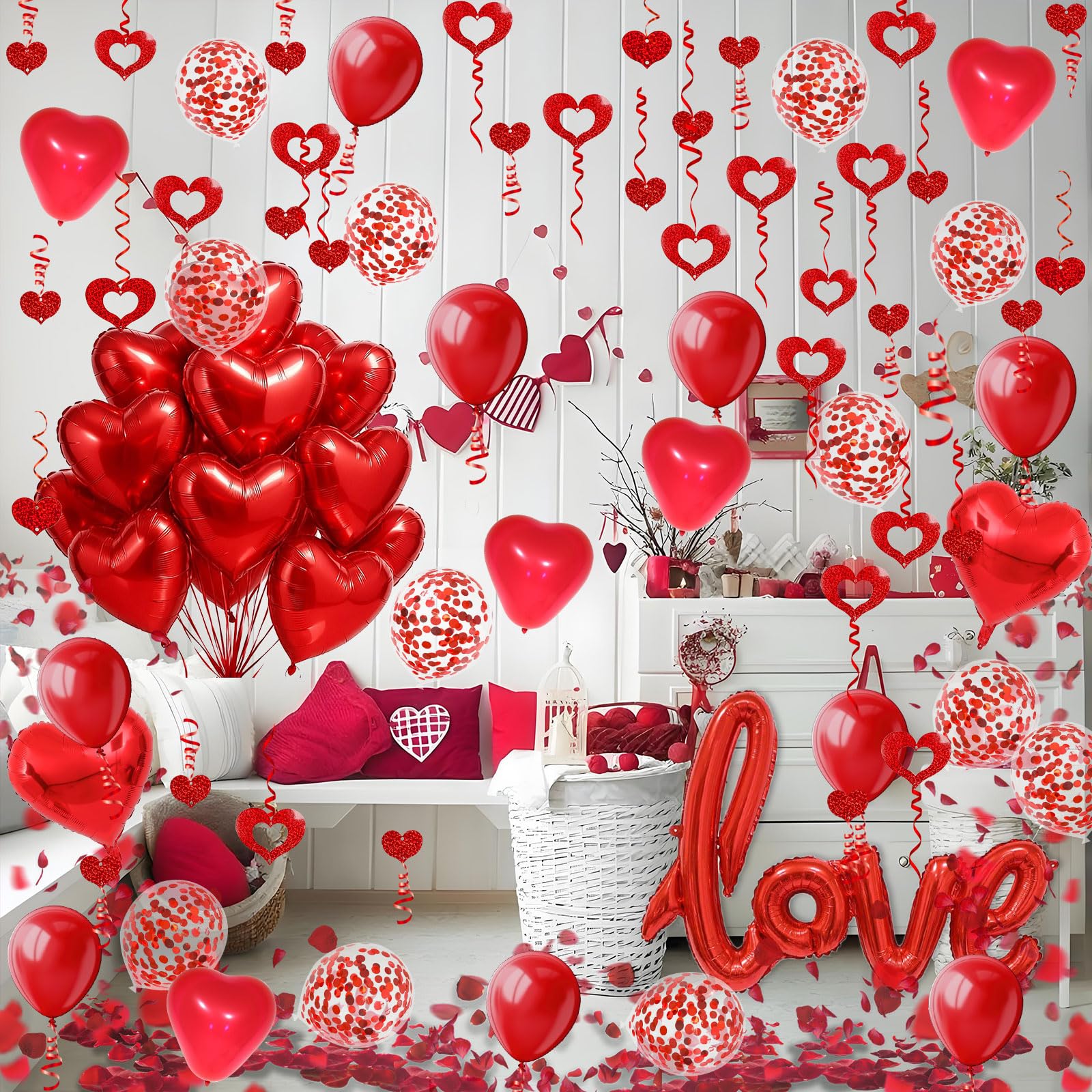 Fecedy Love and Heart-Shaped Aluminum Foil Balloon,Heart-Shaped and Round Latex balloons,Confetti Balloon,Fake Petals,Hanging Streamers for Valentines Bridal Shower Anniversary Engagement Decorations