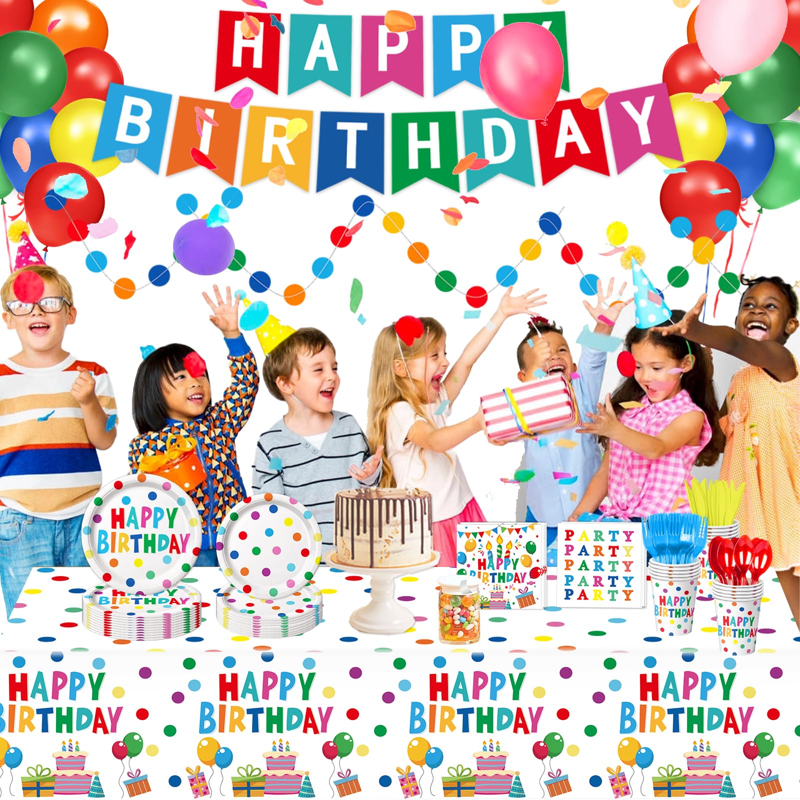 Happy Birthday Decorations - Colorful Dots Birthday Party Supplies Includes Plates, Napkins, Cups, Cutlery, Banner, Hanging Swirl, Tablecloth, Balloons for Birthday Decorations, Serves 24