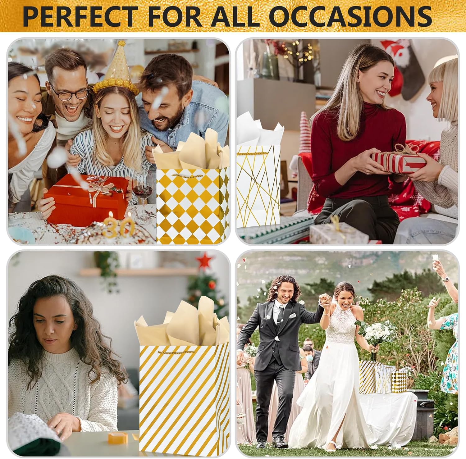 KEEPARTY Assorted Sizes Gold Foil Gift Bags with Tissue Paper Suitable for Many Occasions Set of 10 with 6 Design Styles 4 Small 4 Medium and 2 Large Gift Bags