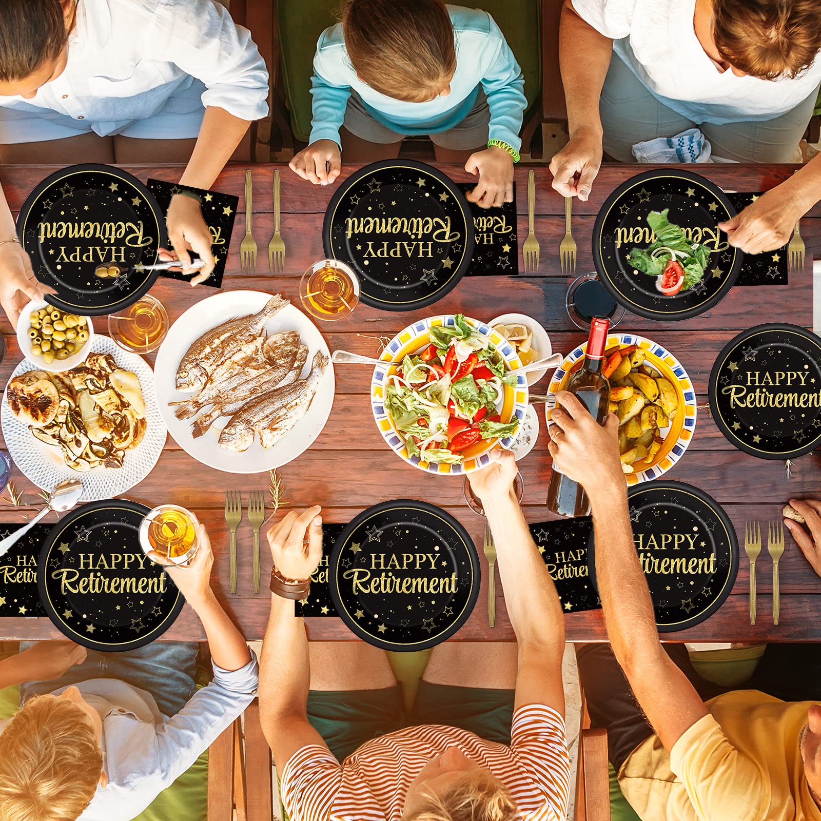 50 Guests Retirement Party Decorations Retirement Plates Napkins Set Happy Retirement Black and Golden Disposable Dinnerware Tableware Graduations Decorations Supplies Favors for Women Men, 200Pcs