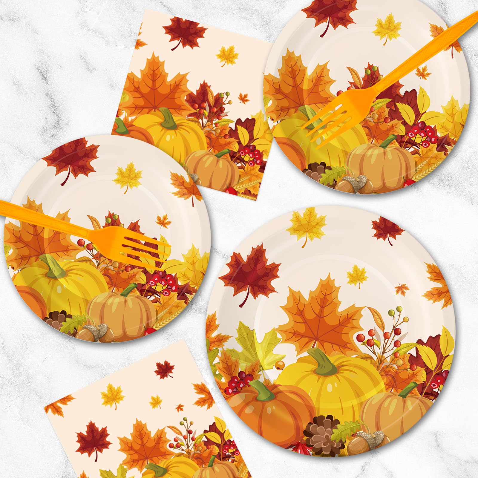 100 Pcs Thanksgiving Plates and Napkins Sets - Fall Pumpkin Maple Leaf Round Tableware, Disposable Thanksgiving Paper Plates and Napkins Forks for Thanks giving Party Supplies Table Decor, Serves 25