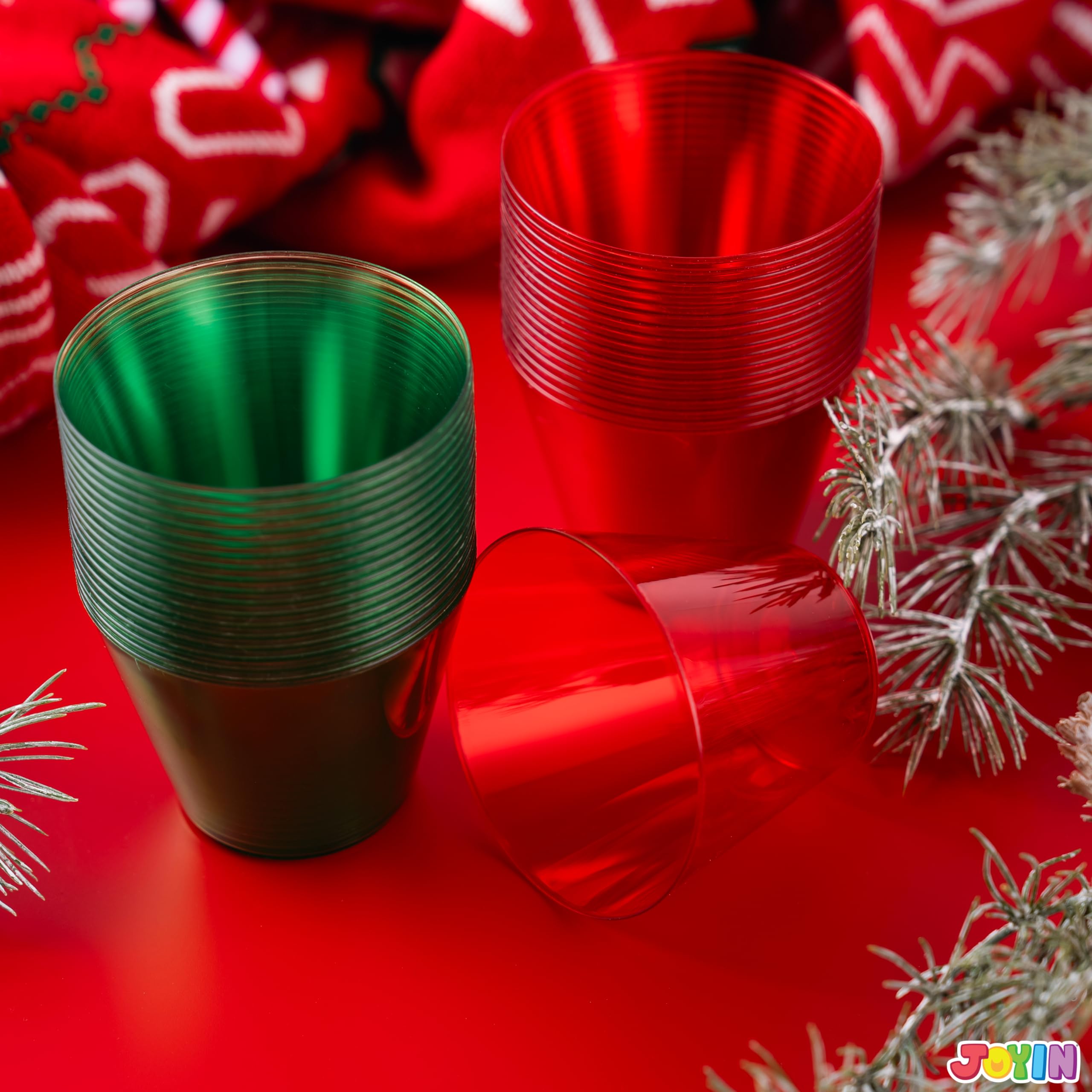 JOYIN 36 PCS Clear Disposable Plastic Cups, 9 OZ Christmas Red and Green Drinking Cups, Plastic Wine Glasses for Xmas Party Supplies, Wedding, Thanksgiving, Birthday, Holiday, New Year