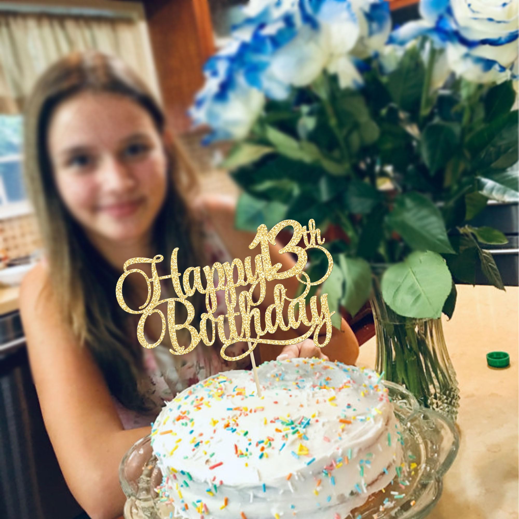1 Pack Happy 13th Birthday Cake Topper Glitter Number 13 Thirteen Years Old Birthday Cake Pick Decoration for 13th Birthday Celebrating Anniversary Party Supplies Gold