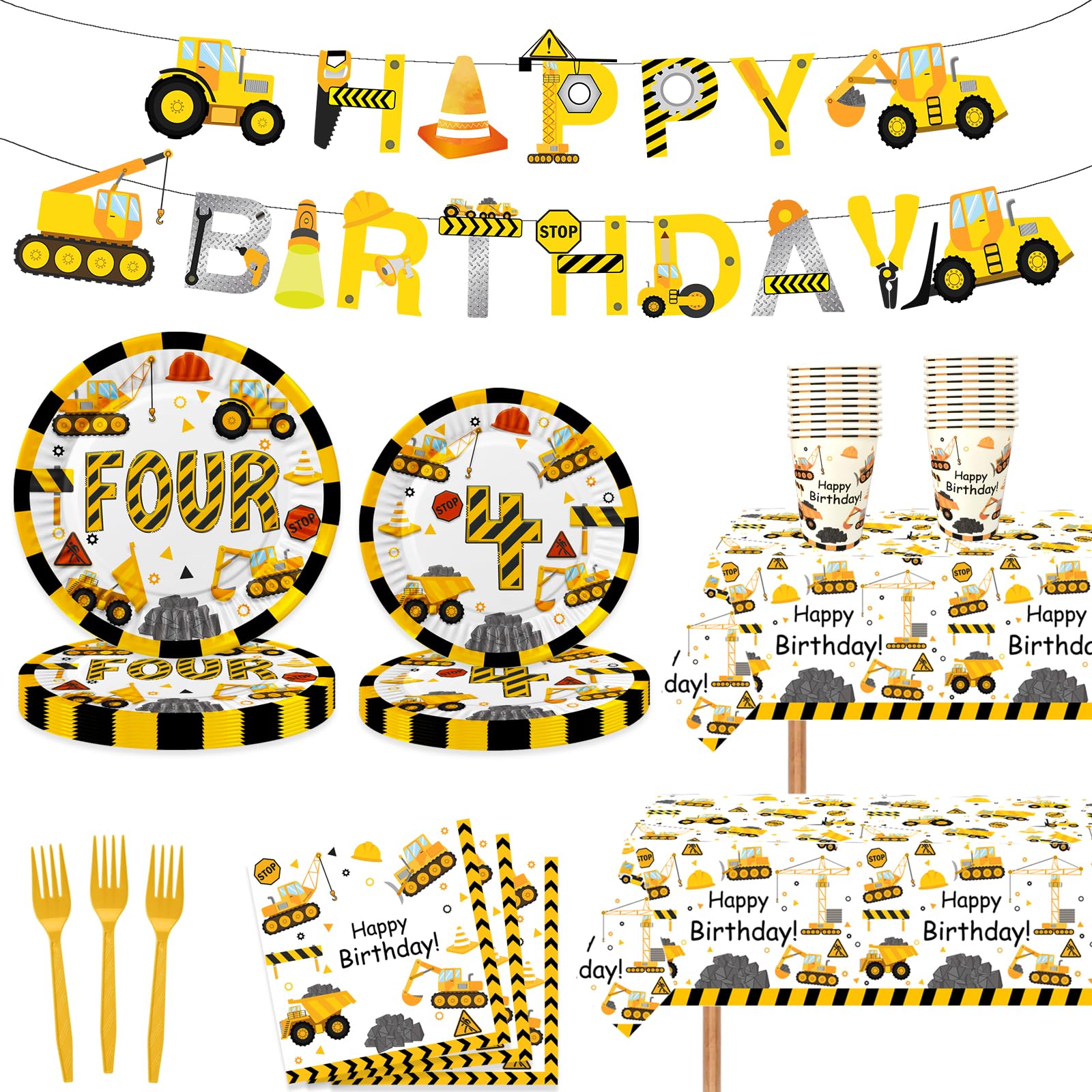 Letromp 80 Pcs Construction 4th Birthday Decorations Construction Four Years Old Disposable Paper Dinner Plates Napkins Forks Dinnerware for Dump Truck Theme Fouth Bday Party Supplies Decorations