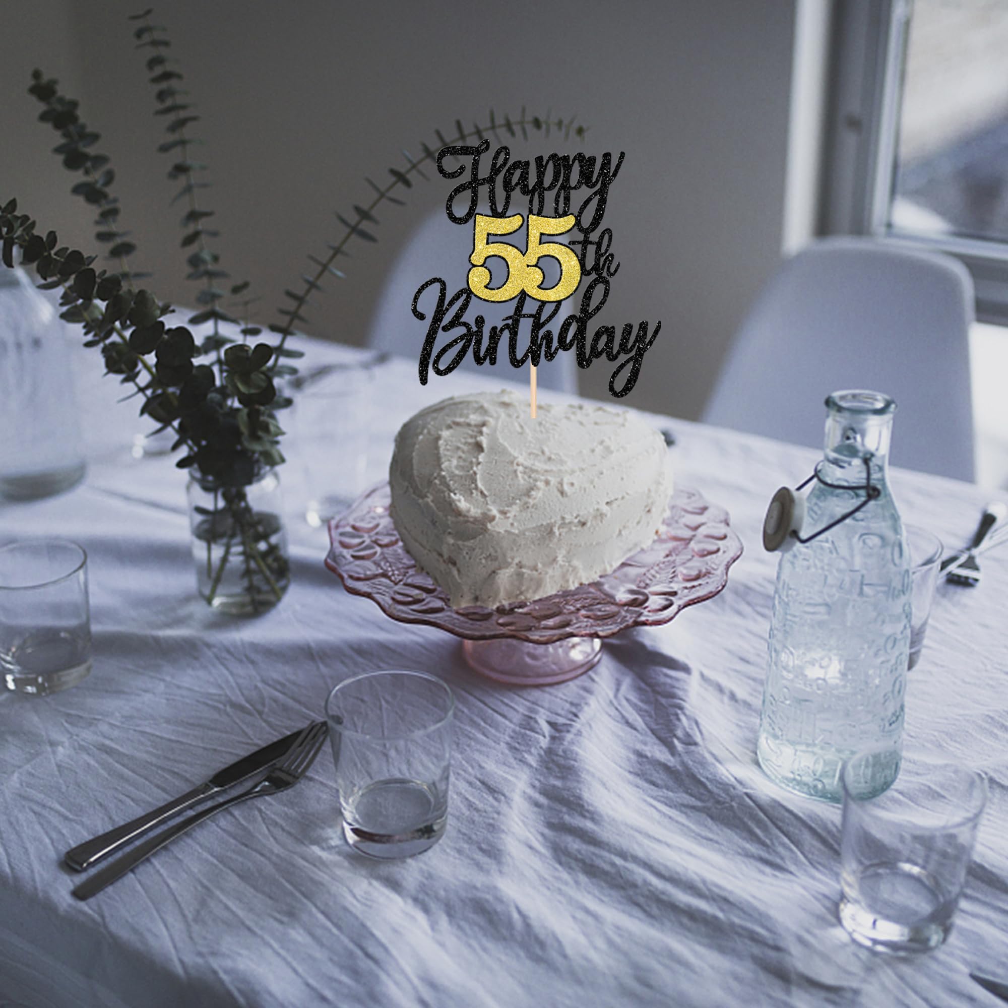 1 PCS Happy 55th Birthday Cake Topper Black Gold Glitter Cheers to 55 Years Birthday Cake Pick 55 Fabulous Cake Decoration for Happy 55th Birthday Anniversary Party Decorations Supplies