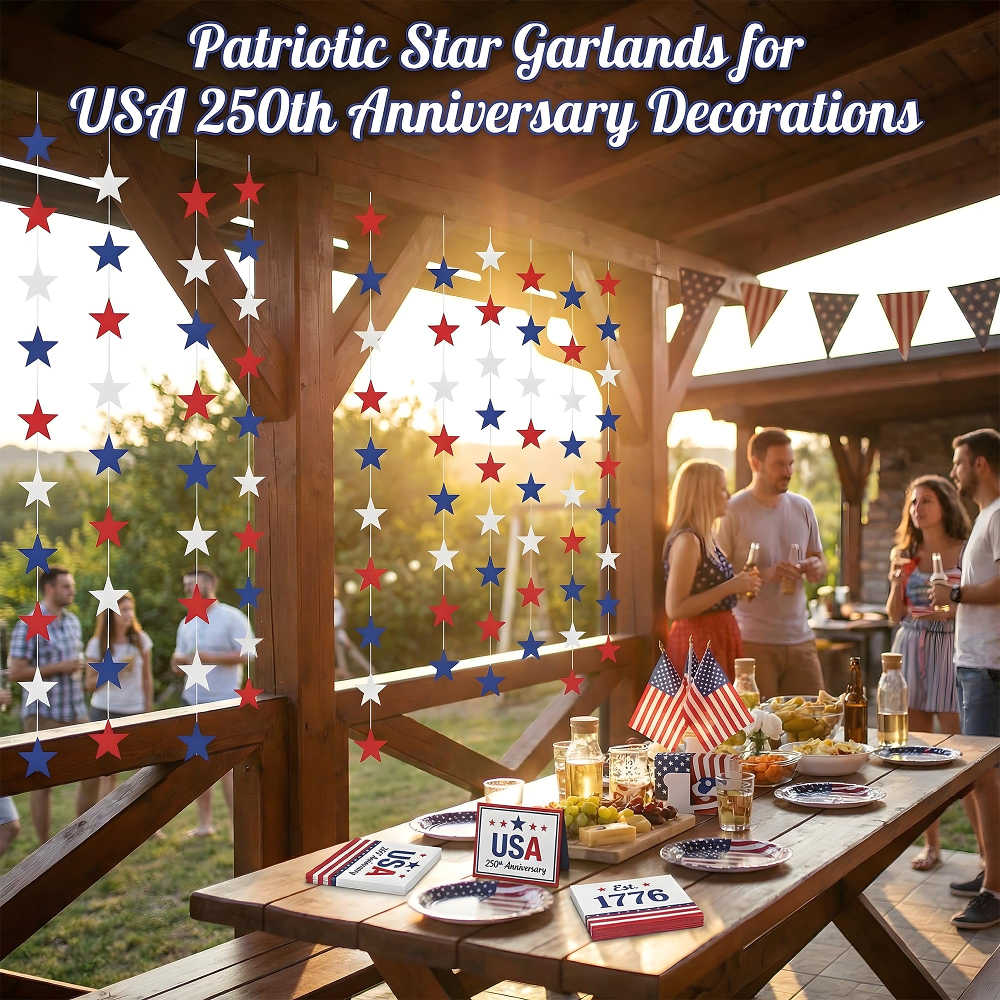 4th of July Decorations - Patriotic Star Garland | Red White Blue Streamers Banner - Memorial Day Fourth of July Accessories Decorations Party Favors Supplies for Outdoor Indoor Home,4 Pack
