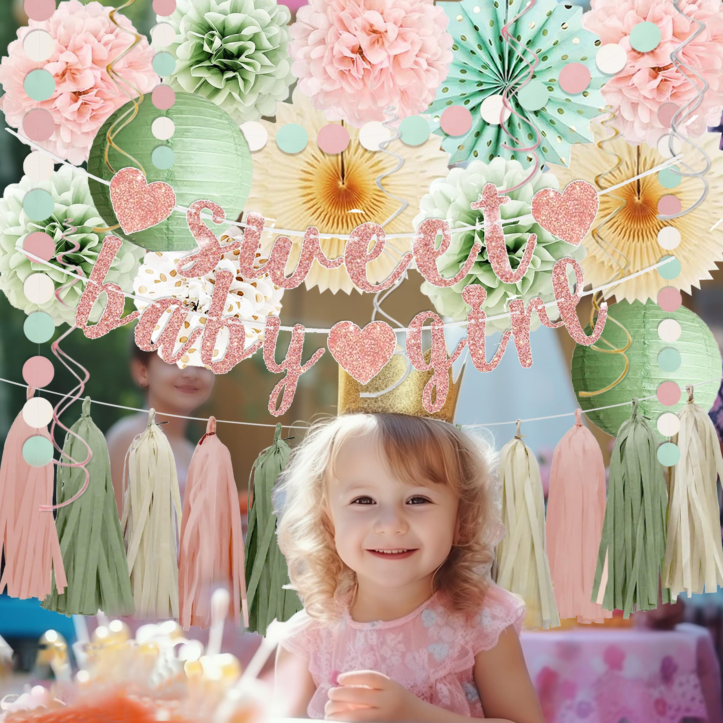 Sage Green and Blush Pink Baby Shower Decorations - Sweet Baby Girl Banner, Olive Green Lanterns, Streamers, Tissue Pom Poms, Paper Fans, Pink Beige Boho Paper Tassel, Rustic Backdrop Decor
