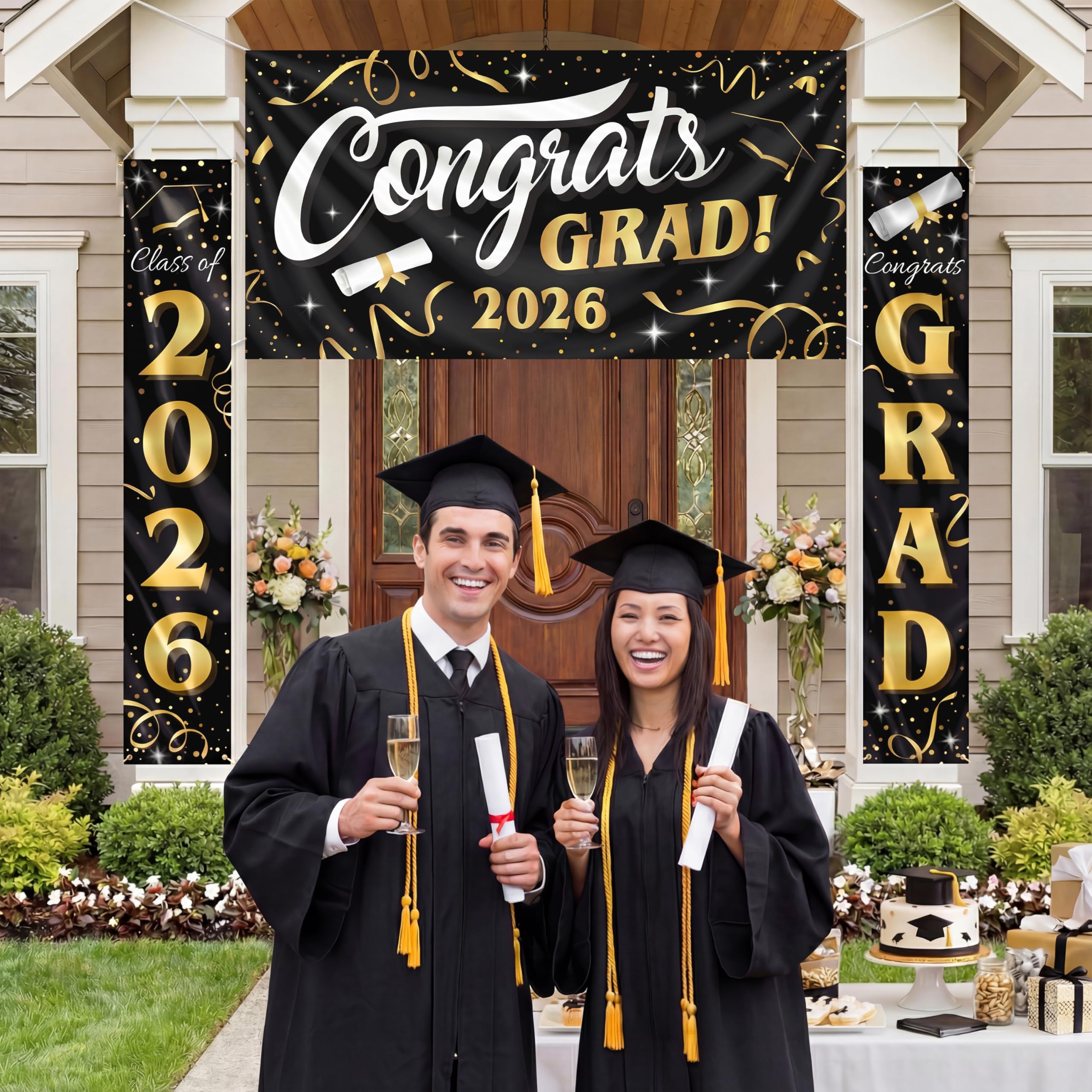 JOYIN 3 Pcs Graduation Decorations Class of 2026, Large Graduation Banners Set, Gold & Black Congrats Grad Party Backdrop and Banner Hanging Porch Supplies for College Graduation Indoor/Outdoor Decor