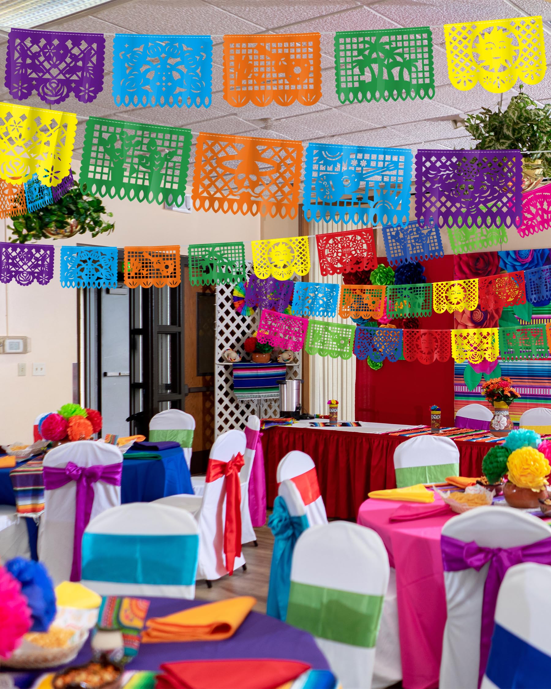 36 FT Cinco De Mayo Decorations, 2 Pack Mexican Party Banner, Plastic Fiesta Banner Colorful Papel Picado Hanging Banner String Flags Mexican Theme Party Dia De Los Muertos Day of the Dead Decor