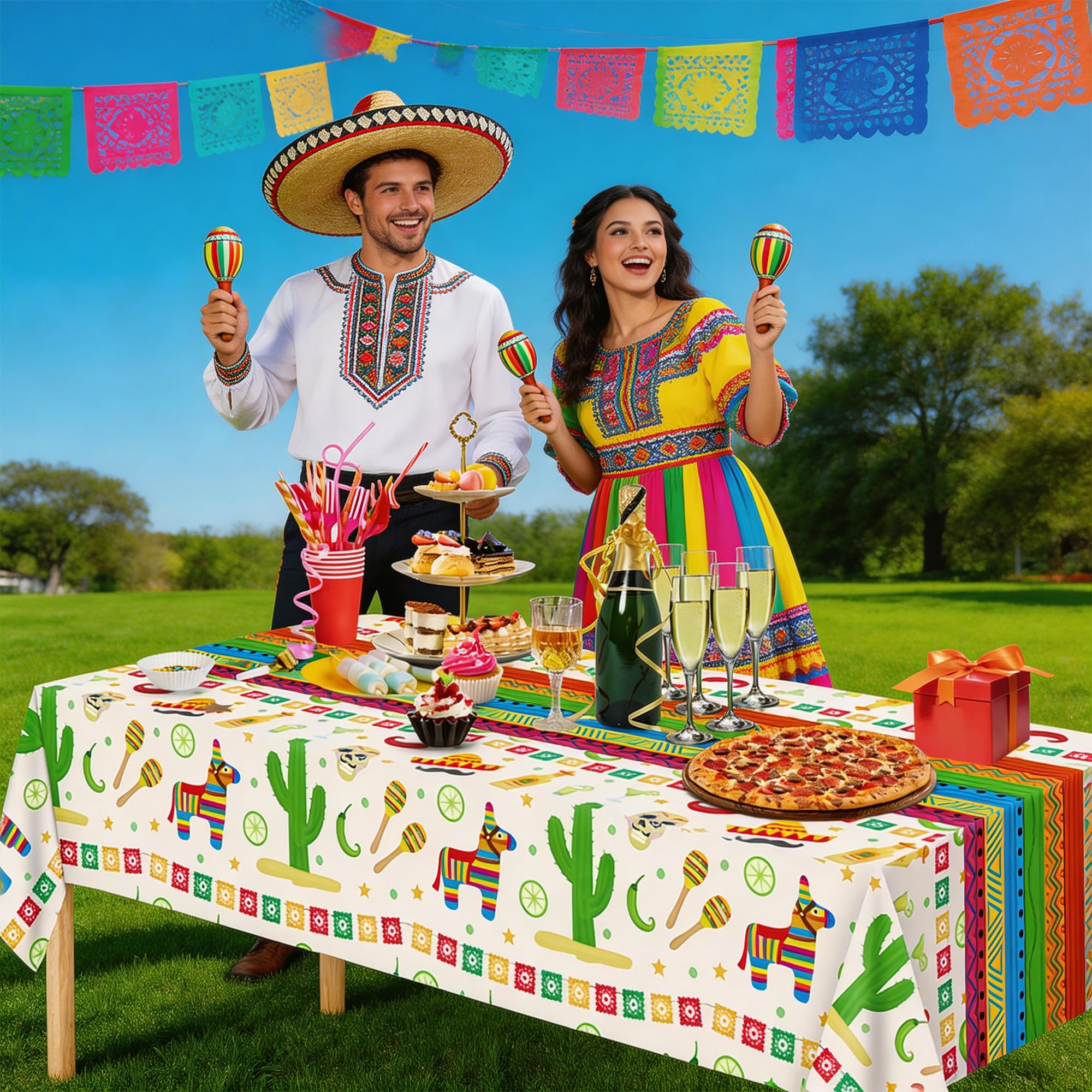 Cinco De Mayo Decorations - Fiesta Mexican Party Tablecloth | Cinco De Mayo Table Decorations for Taco Party - Mexican Theme Birthday Fiesta Party Favors Accessories for Home Dining Kitchen,2 Pack
