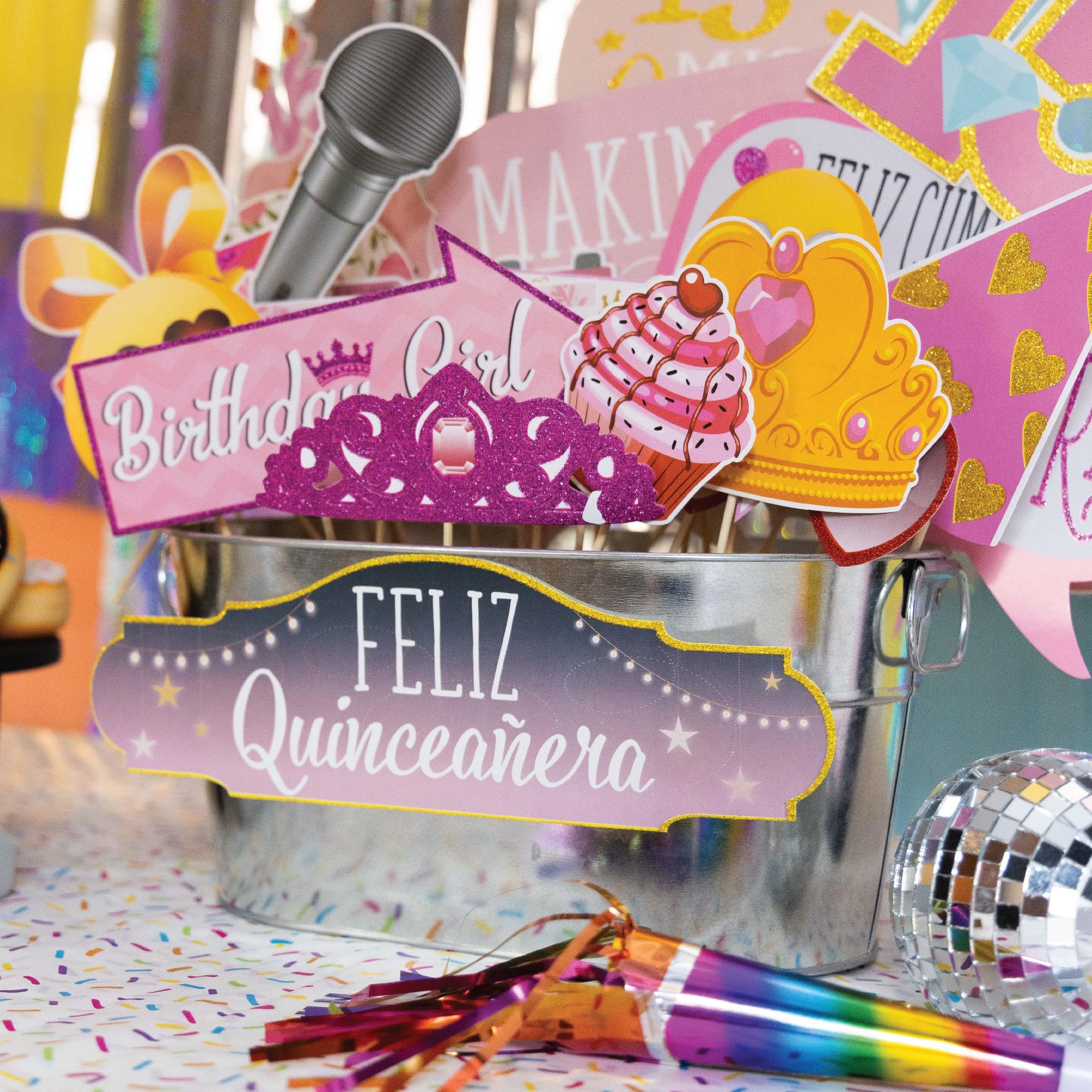 Quinceanera Photo Booth Props - 41-pc Photobooth Kit with 8 x 10-Inch Sign, 60 Adhesive Pads, 45 Sticks - Sweet 15 Photo Booth Props - Decoracion para 15 Años Quinceañeras