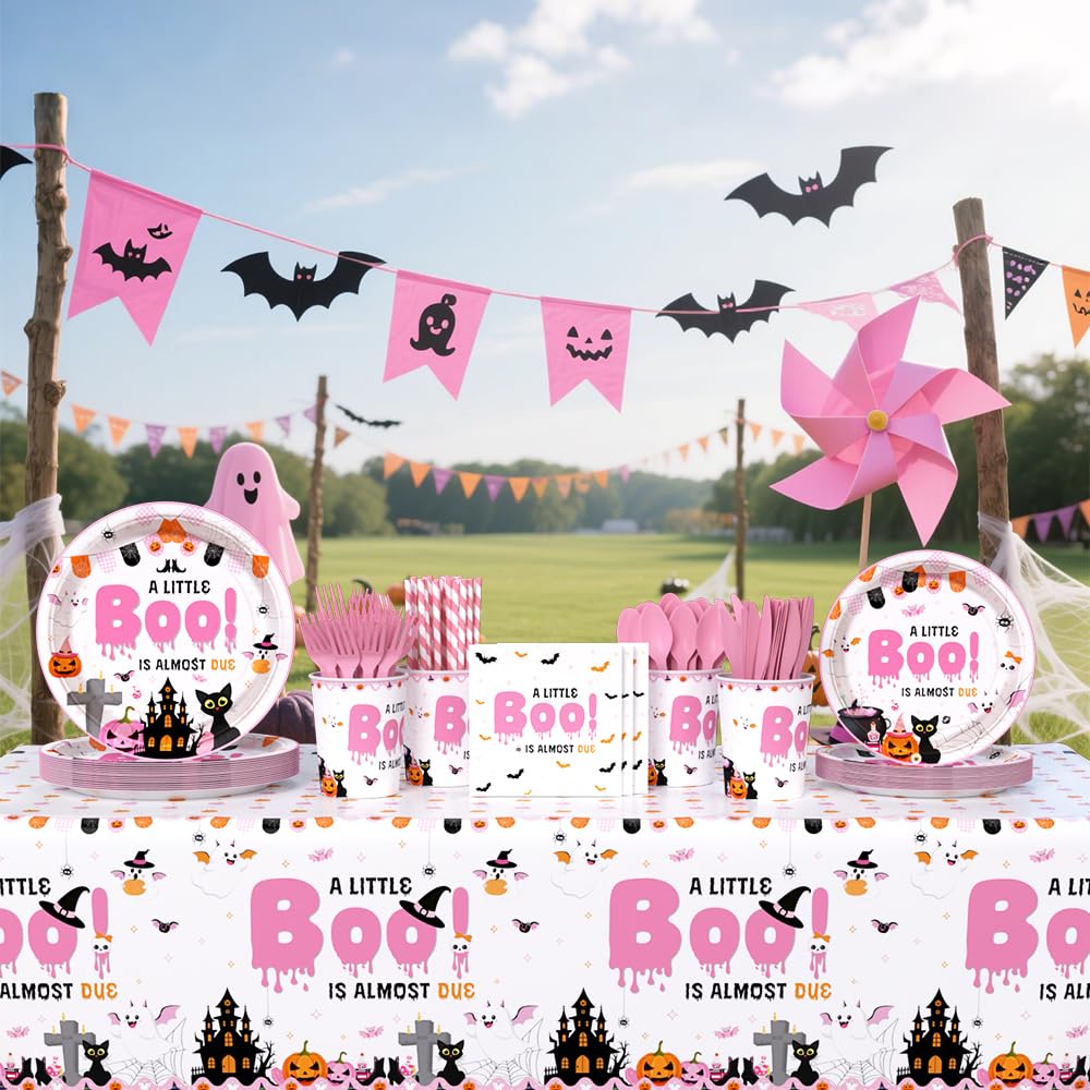 AIBIIN 194Pcs Halloween Baby Shower Decorations for Girl A Little Boo is Almost Due Baby Shower Party Plates, Cup, Napkin, Tablecloth, Tableware, Halloween Themed Party Supplies Plates Serve 24 Guests