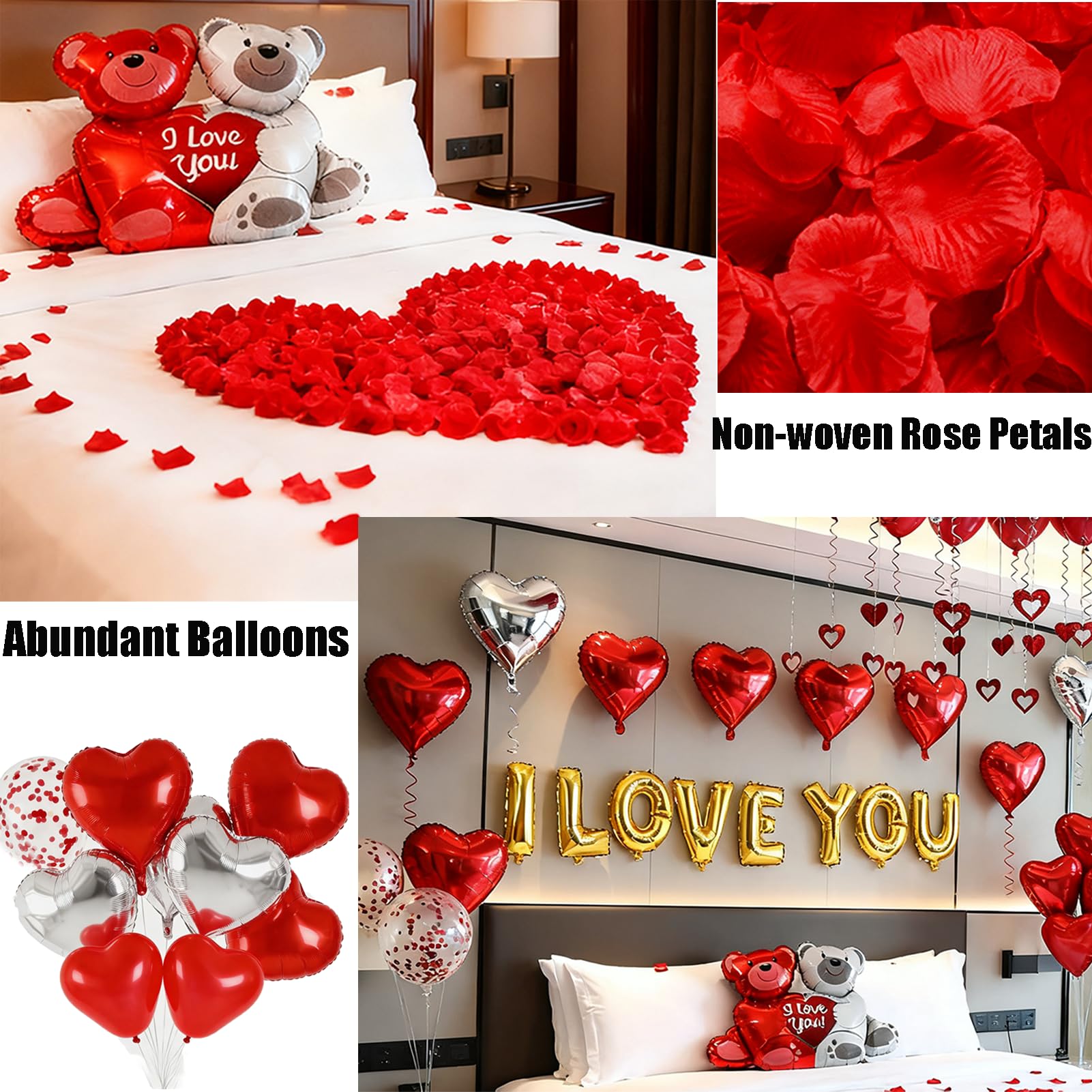 54pcs I Love You Heart Balloons Valentines Decoration with 50 Hanging 1000 Silk Rose Petal Bear Heart Shaped Silver Red Balloons for Romantic Night Wedding Anniversary Decor Valentines Party
