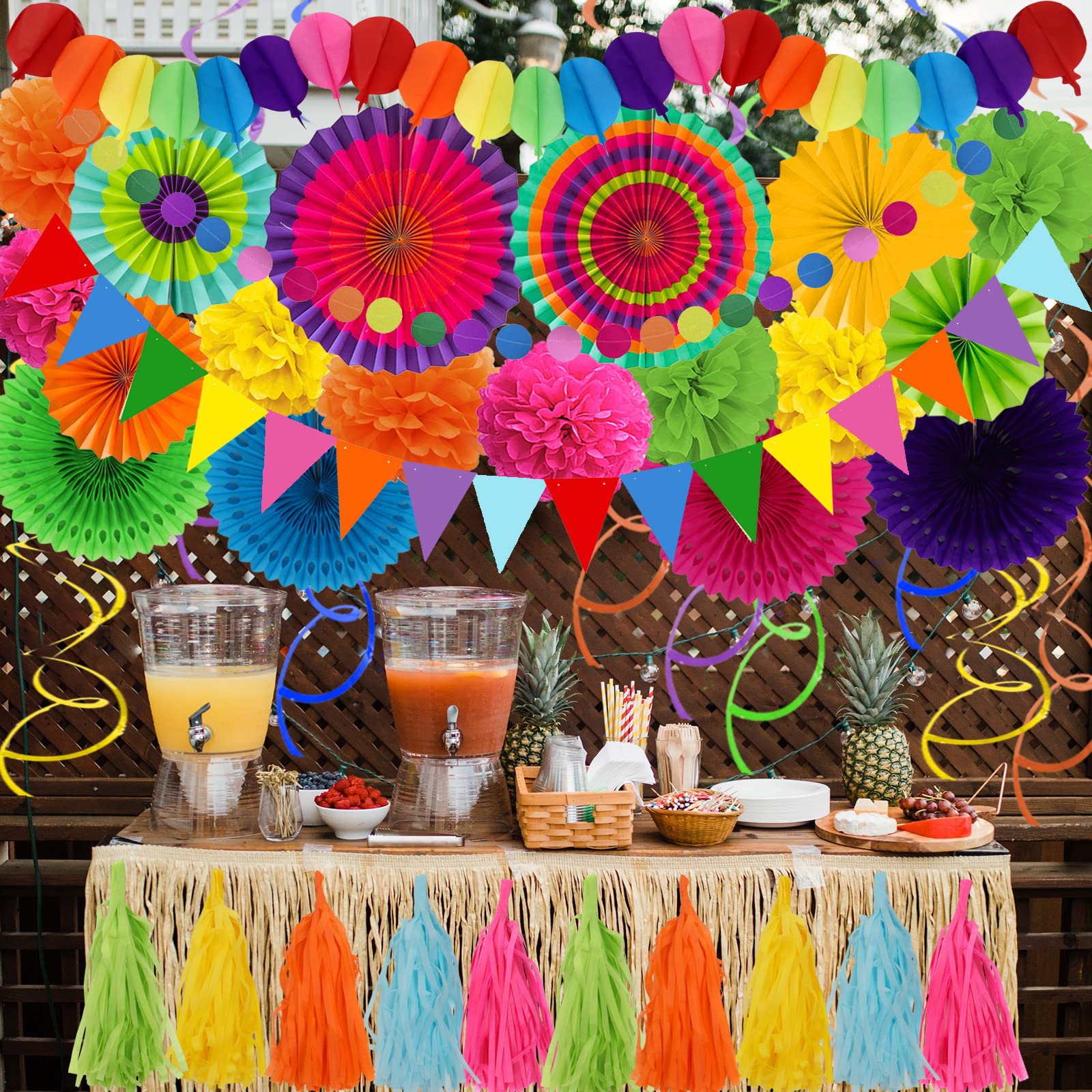 ZERODECO Party Decorations, 41 Pcs Multicoloured Papar Fans Pompoms Garlands String Tissue Paper Tassel for Fiesta Mexican Theme Cinco De Mayo Coco Carnivals Festivals Birthday Party