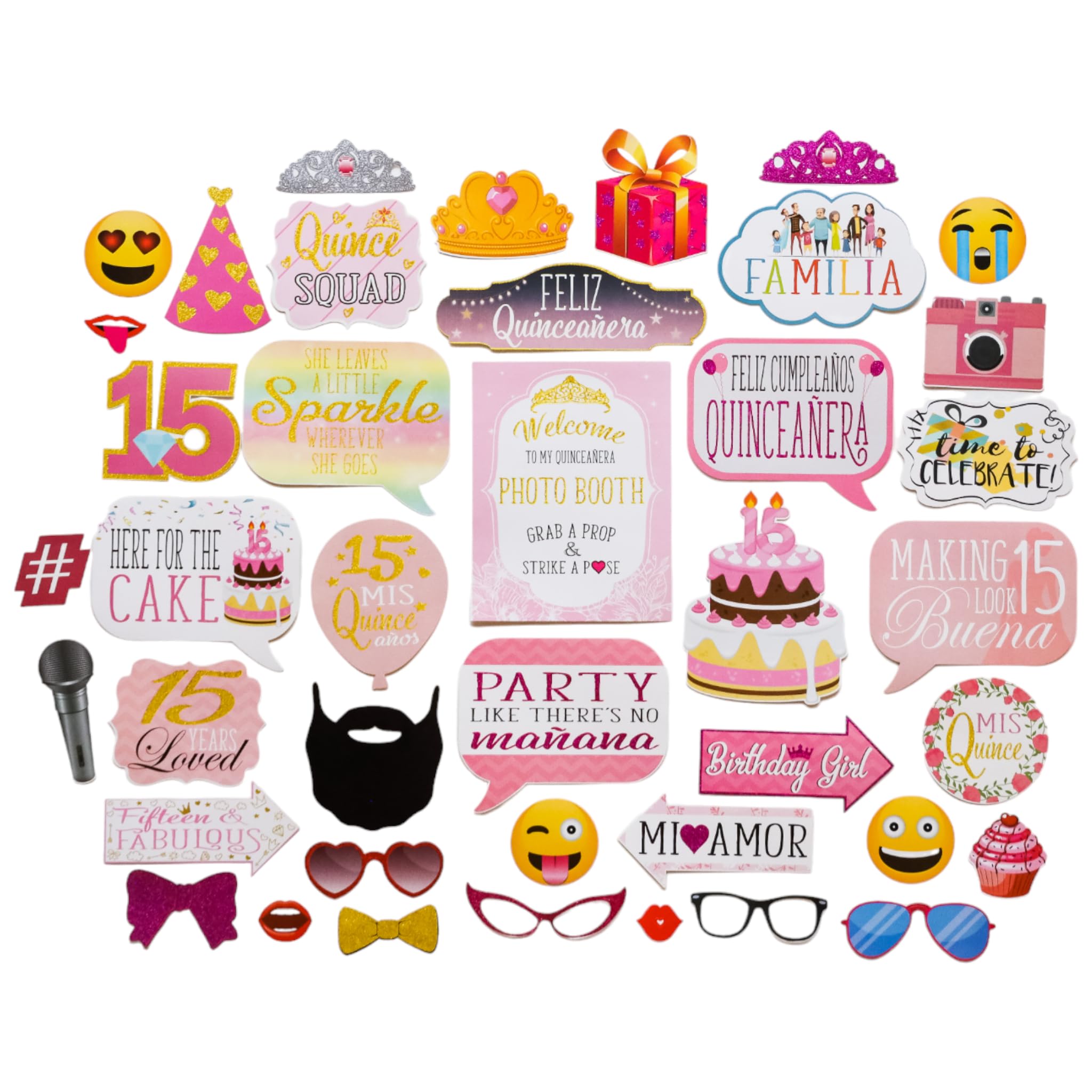 Quinceanera Photo Booth Props - 41-pc Photobooth Kit with 8 x 10-Inch Sign, 60 Adhesive Pads, 45 Sticks - Sweet 15 Photo Booth Props - Decoracion para 15 Años Quinceañeras