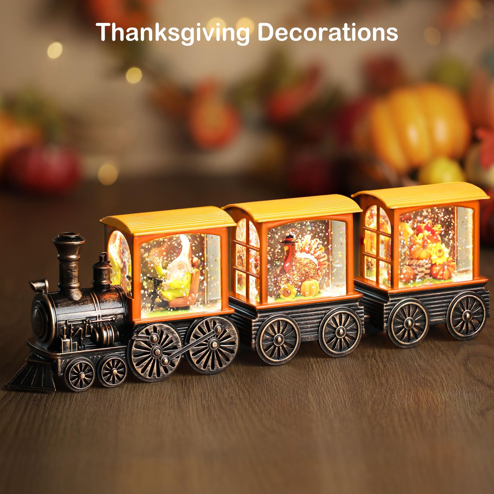 Gorrzai Fall Snow Globe Lantern Fall Decorations for Home, Lighted Fall Decor with Pumpkin Turkey Gnome Train, 6H Timer Thanksgiving Swirling Glitter Snow Globe for Harvest Day, Battery Operated