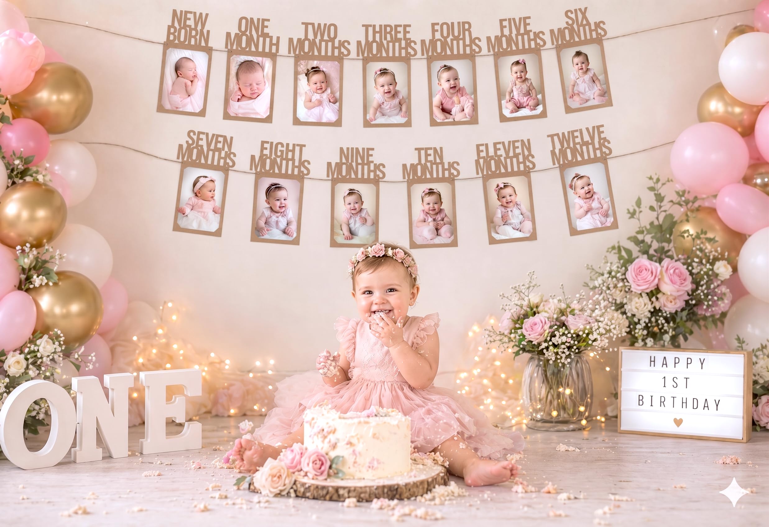 PartyHooman 1st Birthday Photo Banner for Baby from Newborn to 12 Months, First Birthday Decorations Boy or Girl Monthly Milestones Garland | 1 Year Old Photo Banner Pre-strung with Frame (Kraft)