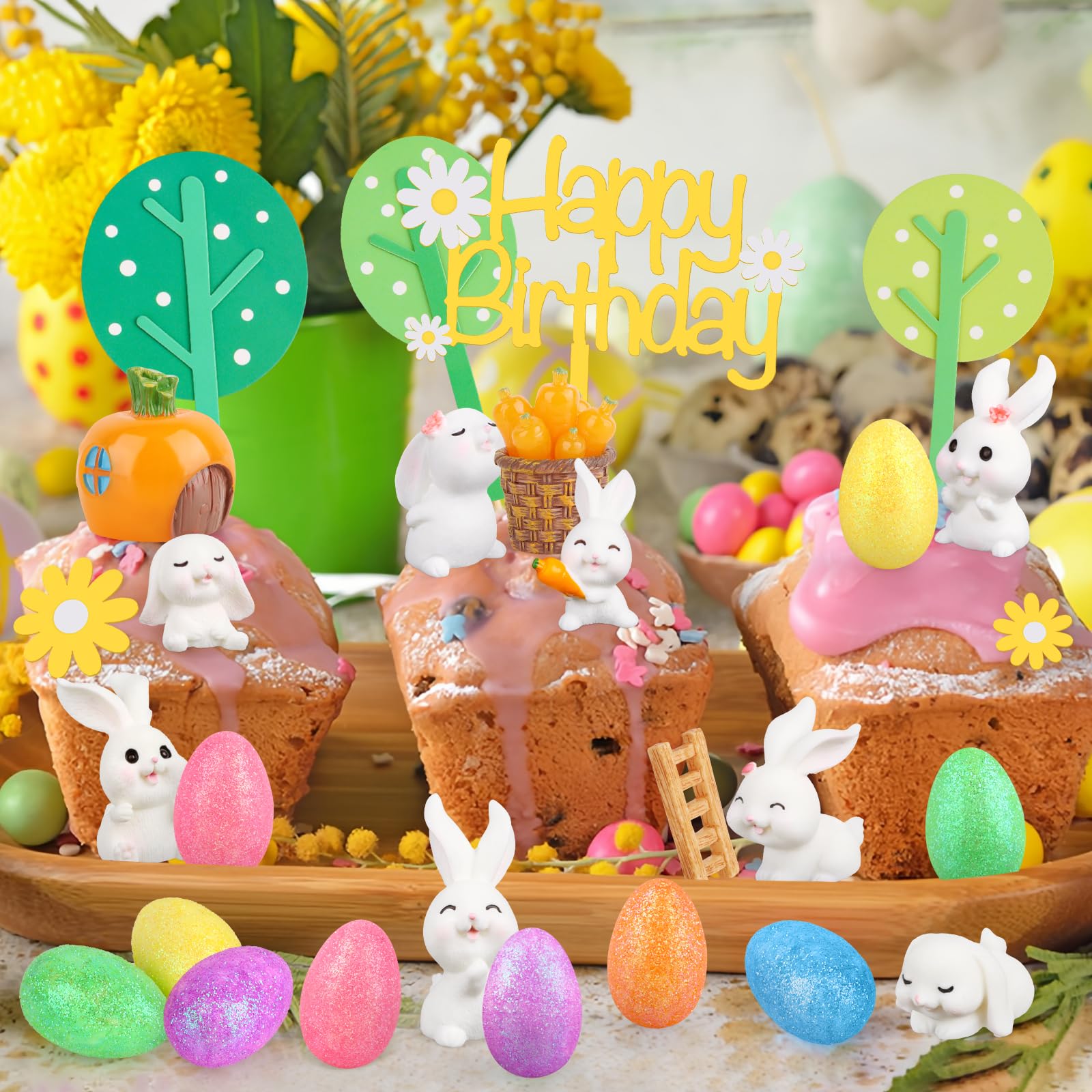 Hooqict 29Pcs Easter Cake Decorations Set with Mini Rabbits, Easter Eggs, Carrots, Happy Birthday Bunny Cake Topper & Cupcake Topper for Kids Bunny Birthday Decorations Rabbit Themed Party Supplies