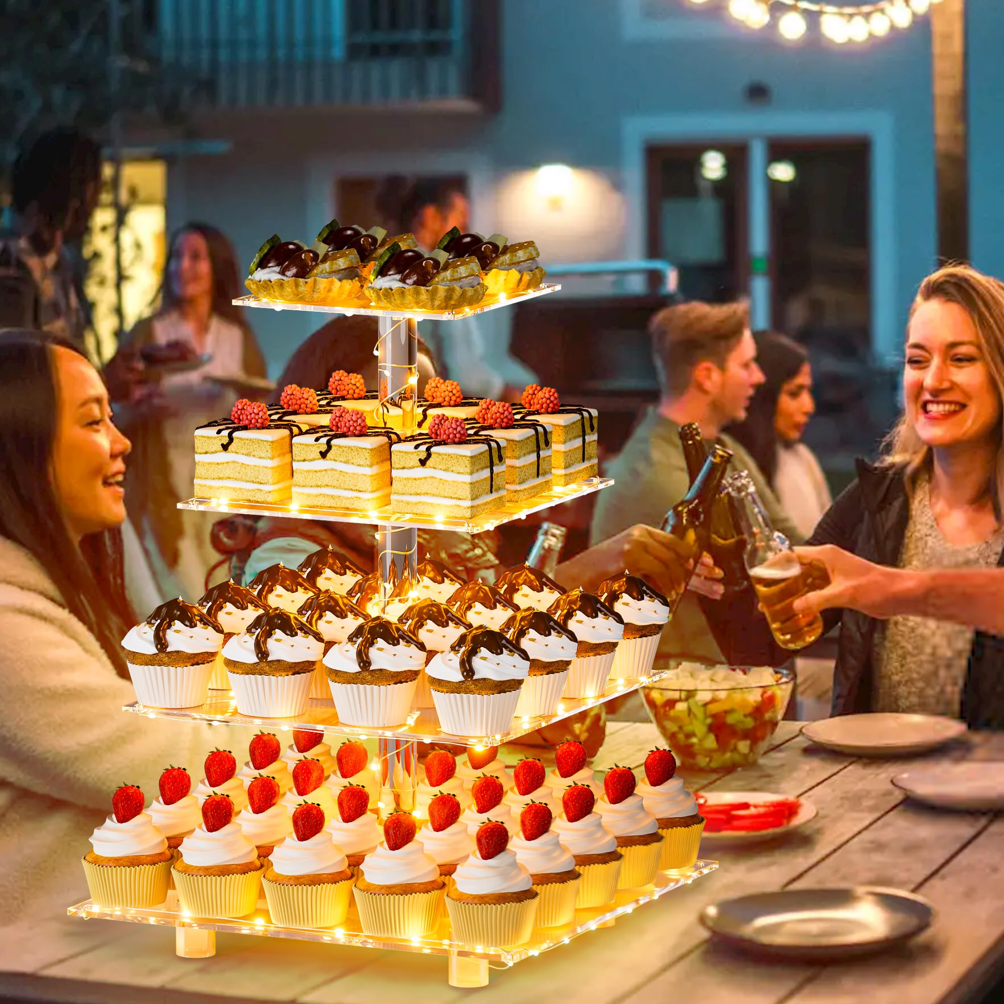 YestBuy Cupcake Stand with Yellow LED Lights, 4 Tier Cupcake Stand for 50 Cupcakes, Acrylic Cupcake Tower Stand, Clear Tiered Cupcake Holder for Birthday Candy Bar Décor Weddings, Parties Events