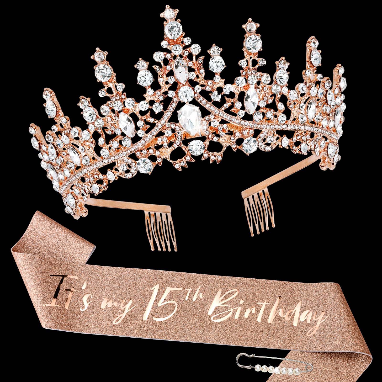 TOBATOBA 15th Birthday Decorations - Rose Gold Sash & Tiara for Quinceanera Party Favor Supplies