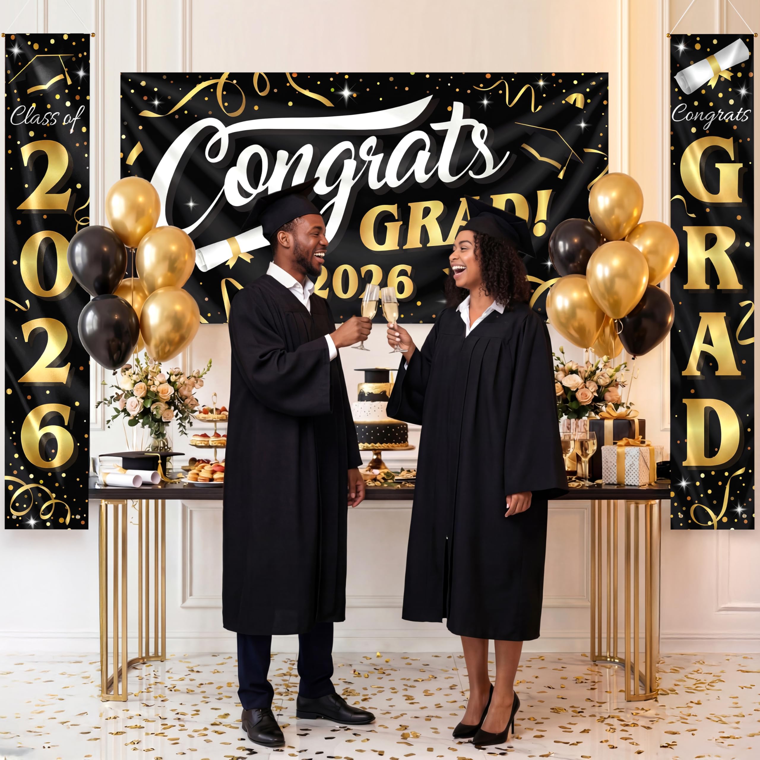 JOYIN 3 Pcs Graduation Decorations Class of 2026, Large Graduation Banners Set, Gold & Black Congrats Grad Party Backdrop and Banner Hanging Porch Supplies for College Graduation Indoor/Outdoor Decor